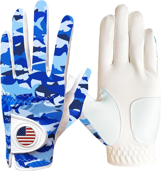 FINGER TEN Golf Gloves Men Left Hand Right with Ball Marker USA Flag Blue Camo Plaid Pack, Mens Leather Golf Glove All Weather Grip Small Medium ML Large XL