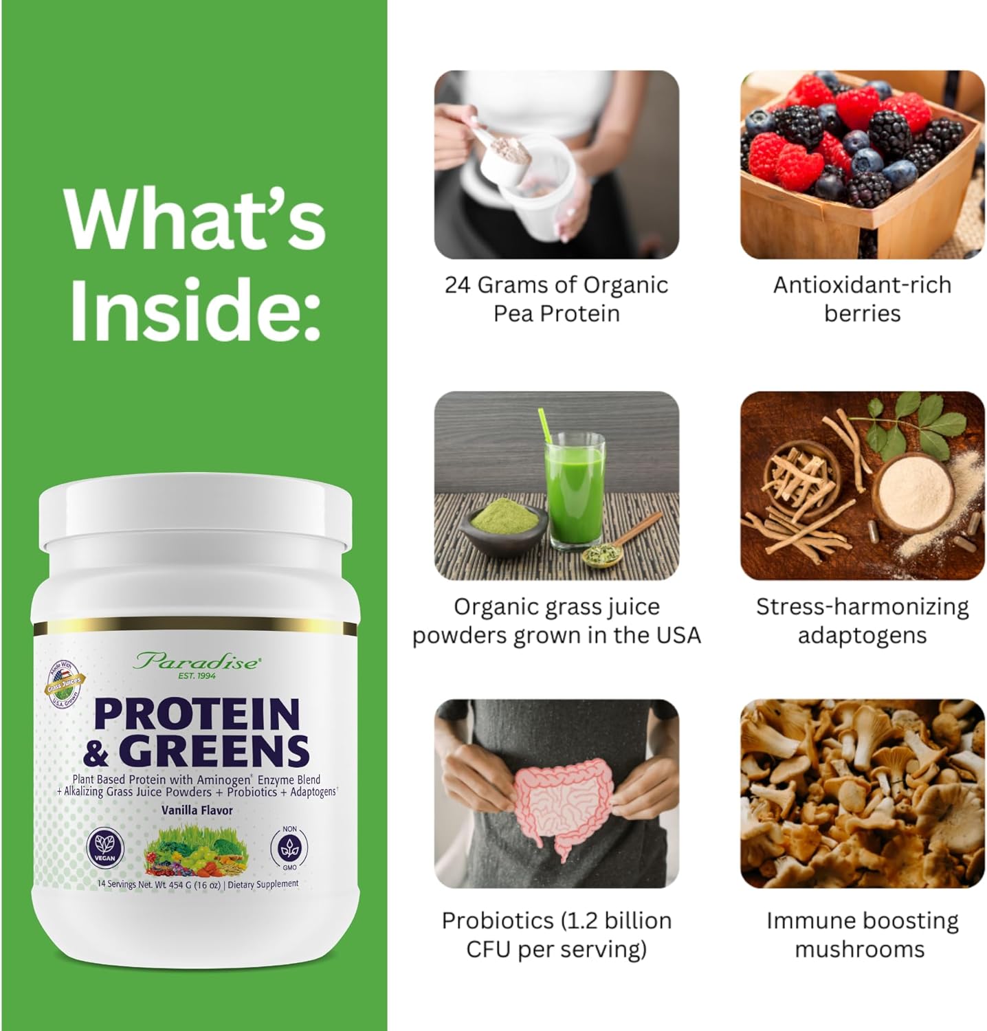 Paradise Herbs ORAC Energy Proteins & Greens Powder, Antioxidant Power of 24 Servings of Fruits & Vegetables in 1 Scoop + 20g Protein, Vanilla, 14 Servings