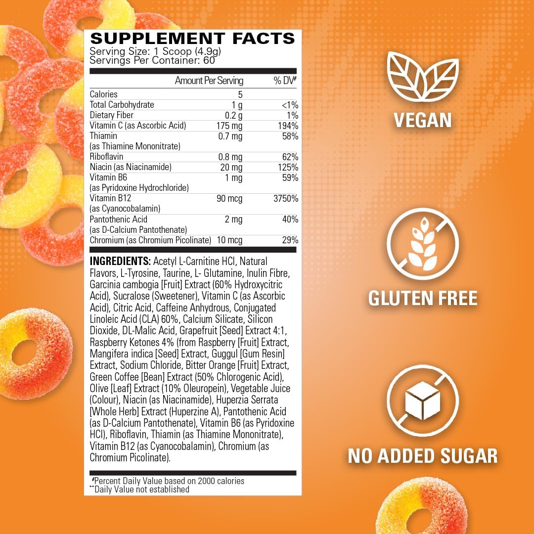 EHP Labs OxyShred Pre Workout Powder - Preworkout Powder with L Glutamine & Acetyl L Carnitine, Energy Boost Drink - Peach Candy Rings, 60 Servings