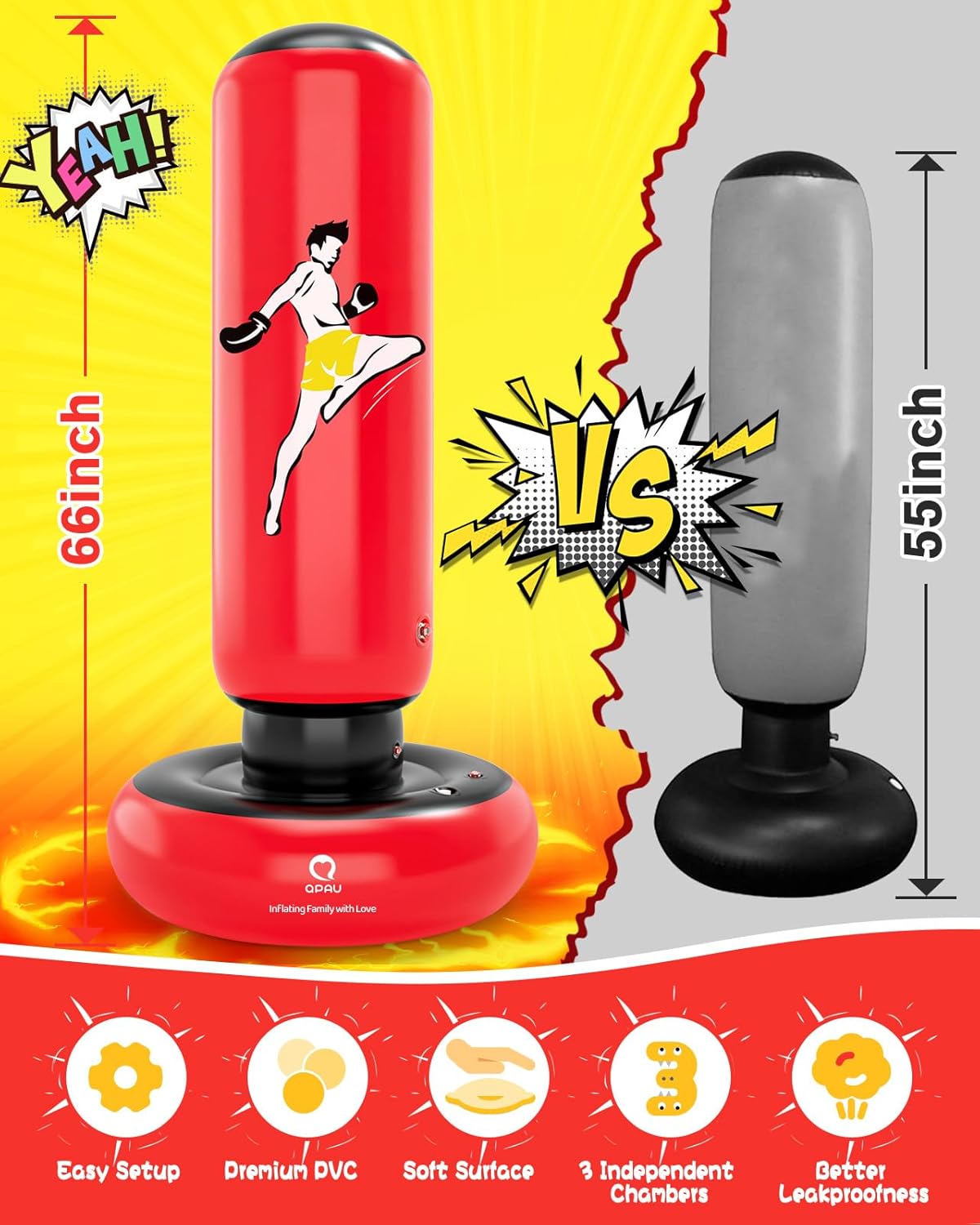 QPAU Kids Punching Bag Toy with Boxing Gloves, 66 Inch Larger Stable Kids Inflatable Boxing Bag Set, Gifts for Boys & Girls Age 6-12, for Practicing Karate, Taekwondo, MMA