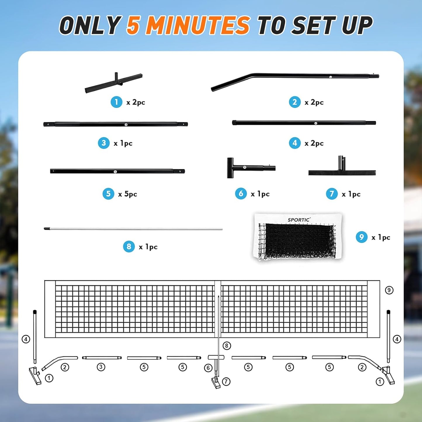 SPORTIC 22FT Pickleball Net Set – Regulation Size Portable Net with Carry Bag, Court Markers, Quick Setup Steel Frame for Driveway, Backyard, Indoor & Outdoor