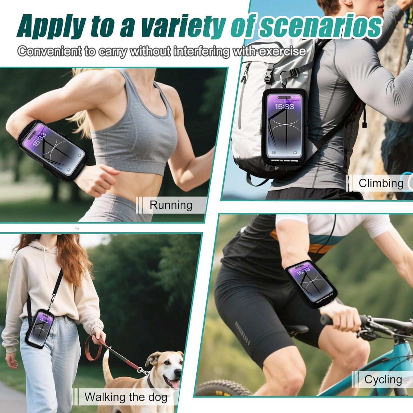 Phone Holder for Running, Running Armband Phone Holder with Carabiner, Phone Armbands for iPhone 16 15 14 13 12 11Pro Max & Galaxy S25/S24/S23, Cell Phone Armband Up to 6.8'' Phone (Black)