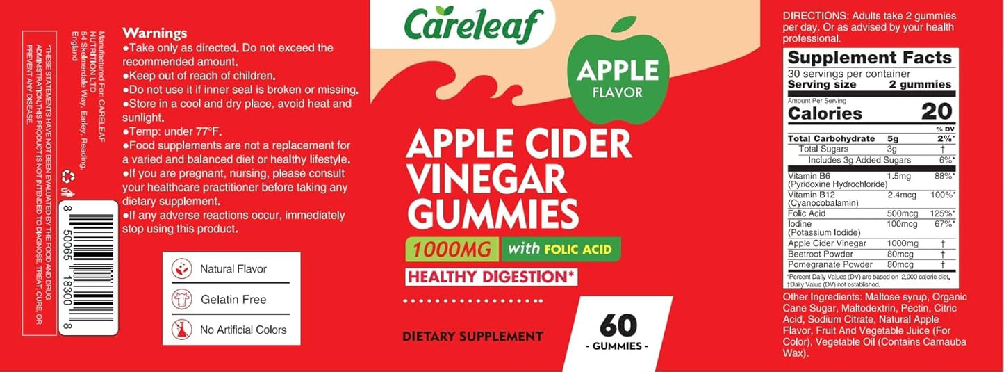 Apple Cider Vinegar Gummies 60 Counts 1000mg AVC with Vitamin B6 Vitamin B12 for Metabolism, Digestion, Detox, Gut & Immune Health
