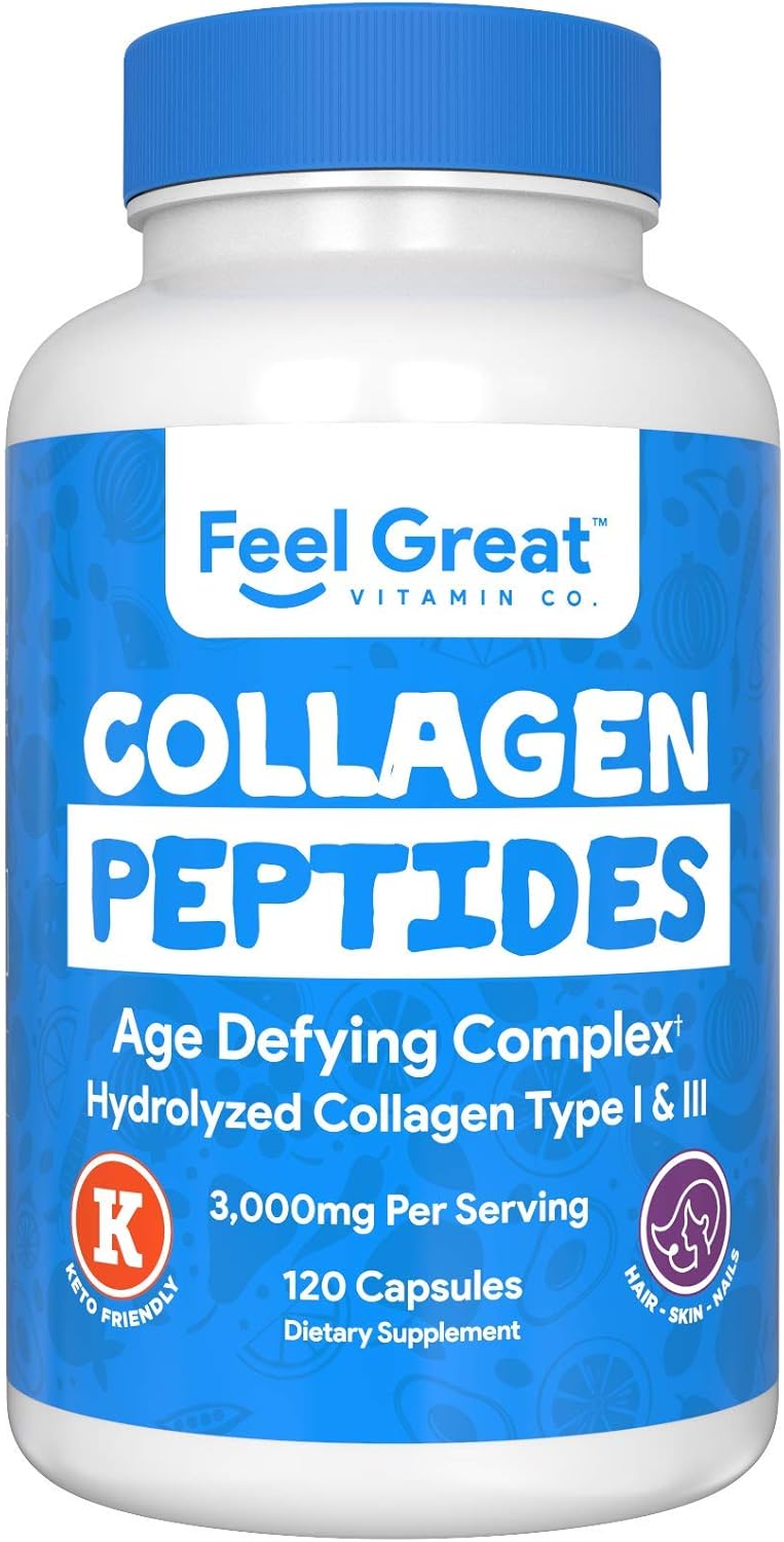 Hydrolyzed Collagen Peptides Powder Capsules (Type I &III) by Feel Great Vitamin Co. | Wheat Free, Keto & Paleo Friendly | Collagen Powder Supplement for Hair, Skin and Nails*