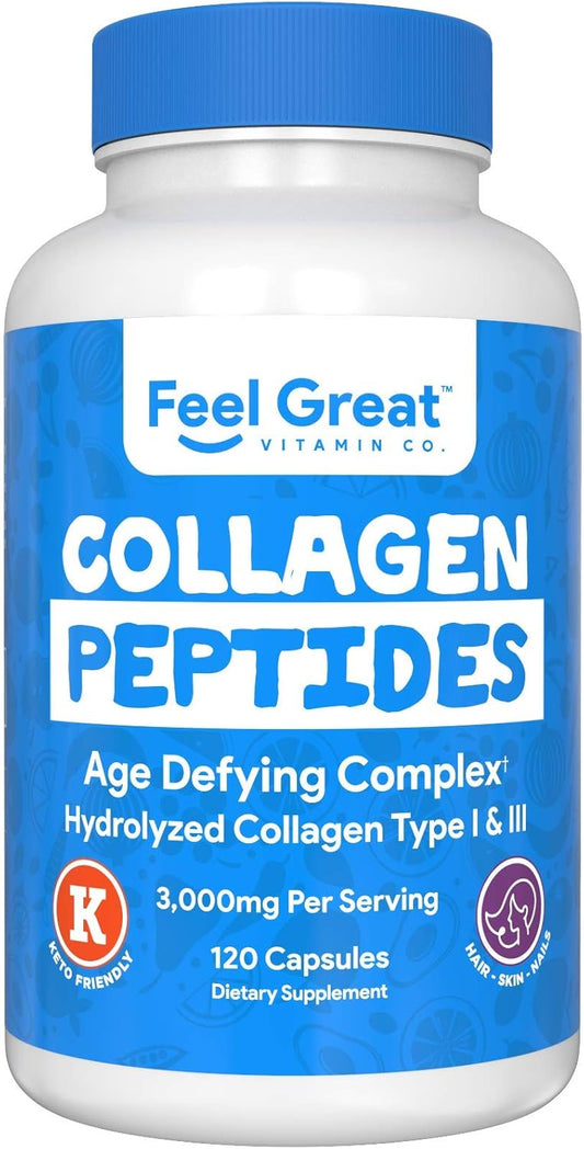 Hydrolyzed Collagen Peptides Powder Capsules (Type I &III) by Feel Great Vitamin Co. | Wheat Free, Keto & Paleo Friendly | Collagen Powder Supplement for Hair, Skin and Nails*