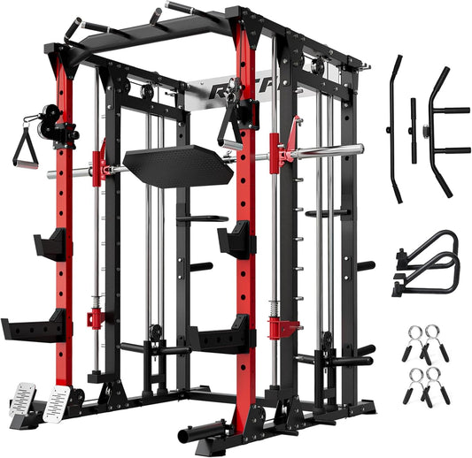 RitFit Buffalo Smith Machine, Power cage with LAT-Pull Down System & Cable Crossover System, All-in-One Squat Rack for Home Gym, Power Rack