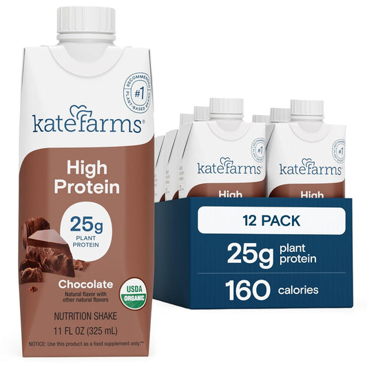 KATE FARMS Organic High Protein Chocolate Nutrition Shake, 25g Protein, 6g Fiber, 27 Vitamins and Minerals, 0g Sugar, Protein Drink, 11 oz (12 Pack)