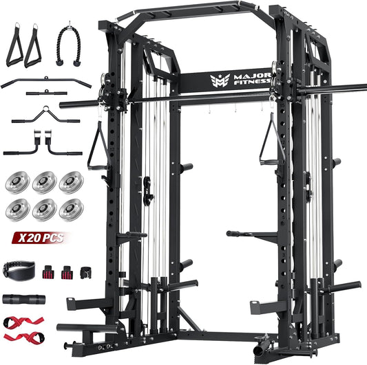 Major Fitness Drone2 Advanced Training Smith Machines– All-in-One Home Gym Squat Rack with Aluminum Pulley Set , Weight Bar, Dual LAT Pull-Down Systems & Cable Crossover Machine for Full-Body Workouts