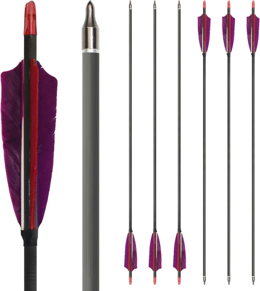 600 Spine Pure Carbon Arrows with Real Turkey Feathers Removable 100 Grain Tips Plastic Nocks for Archery Target Hunting