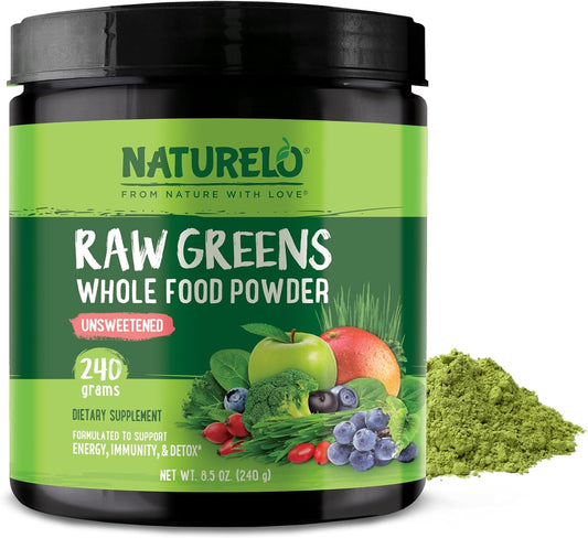 NATURELO Raw Greens Superfood Powder - Unsweetened - Boost Energy, Detox, Enhance Health - Organic Spirulina - Wheat Grass - Whole Food Nutrition from Fruits & Vegetables - 240 Grams