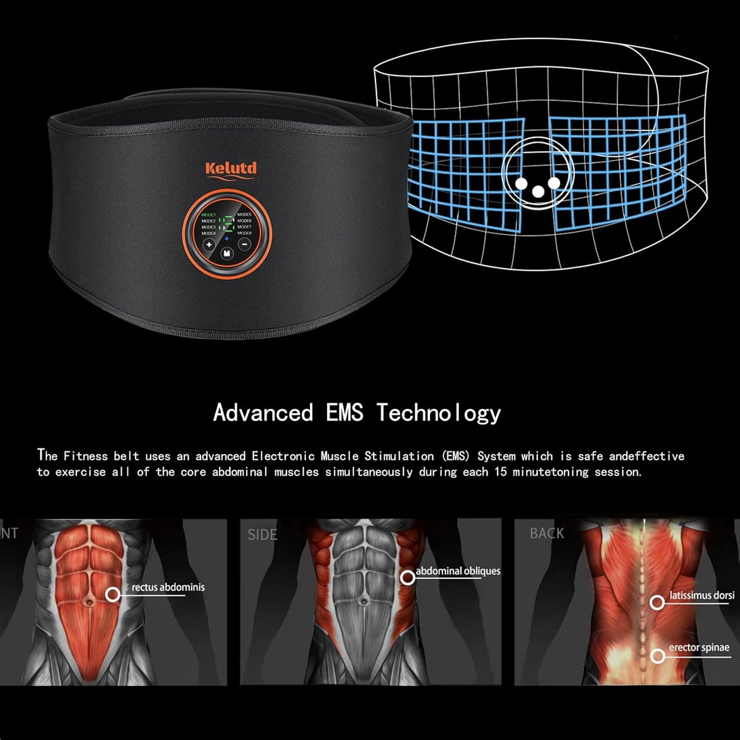 Abs Stimulator Belt-FDA Cleared EMS Massager Abdominal Toining Fitness Belt without GEL SHEET Tactical Abs Power Muscle Toner Workout Men Women & Bodybuilders USB Rechargeable Black KLT-07