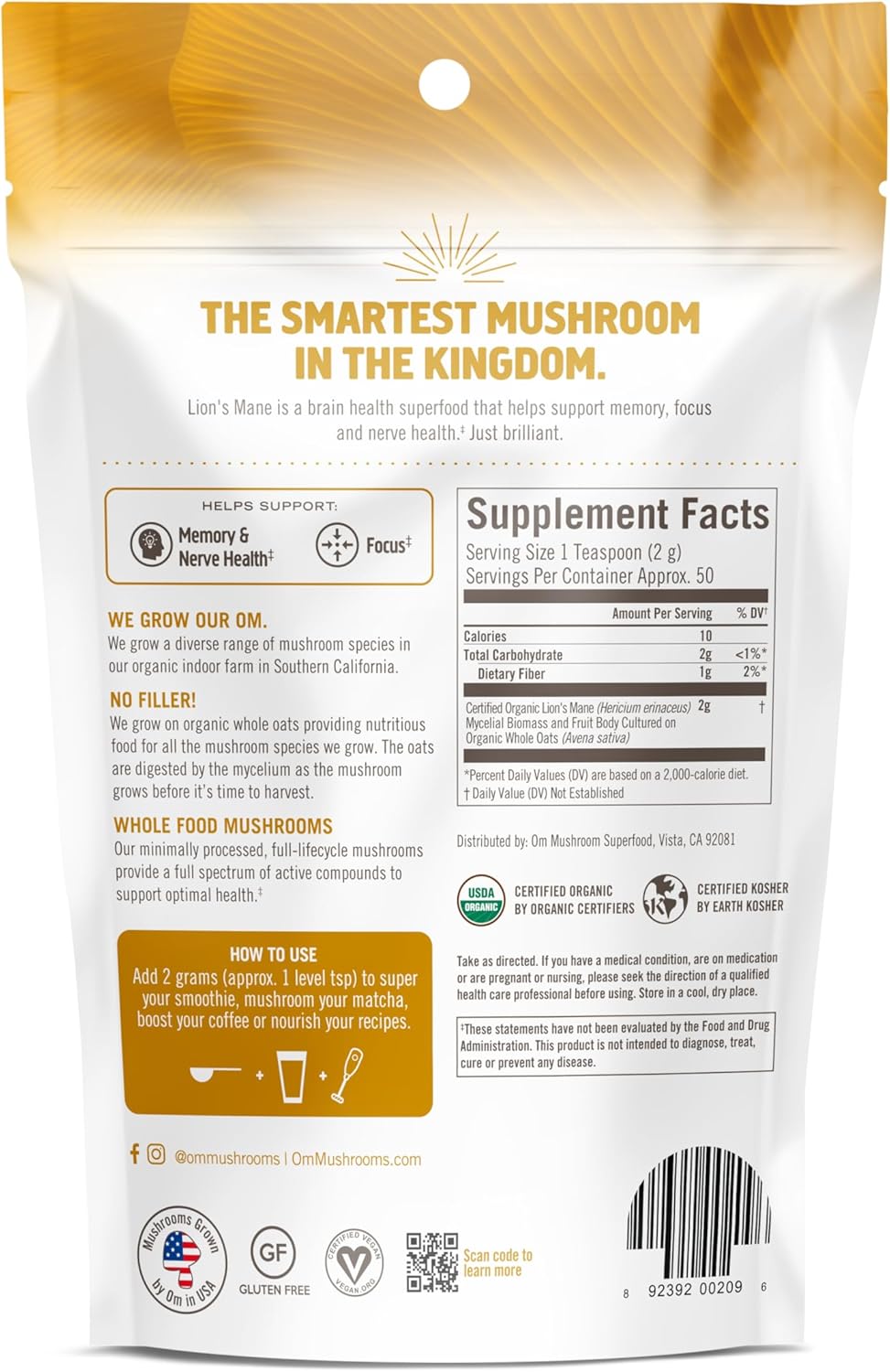 OM MUSHROOM SUPERFOOD Lion's Mane Organic Mushroom Powder, Improves Memory, Focus, Clarity, Nerve Health, and Mood Support, 3.5 oz, 50 Servings Powder Supplement Pouch