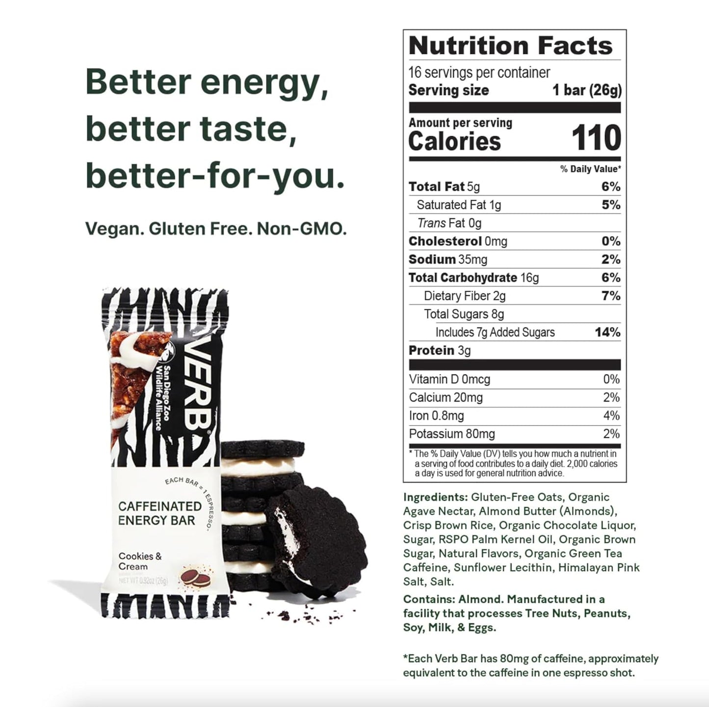 Verb Caffeinated Energy Bars Cookies & Cream (26g, Pack of 16) 110-Calorie Delicious Low Sugar Energy Bar - Vegan Gluten Free On-the Go Snack with 80mg Green Tea Caffeine, Only Real-Food Ingredients