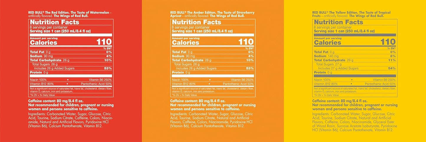 Red Bull Energy Drink Variety Pack, Red, Yellow & Amber, with 80mg Caffeine plus Taurine & B Vitamins, 8.4 Fl Oz, Pack of 24 Cans