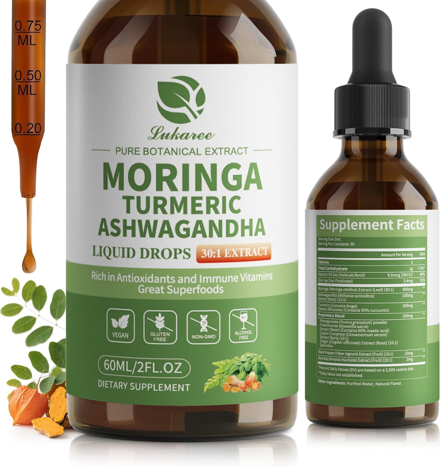 12-in-1 Lipsomal Moringa Leaf Drops with Ashwagandha Turmeric Quercetin, 98% Absorption & 30:1 Pure Moringa Extract for Energy Immune Joint Digestive Support, Vegan Non-GMO Gluten-Free