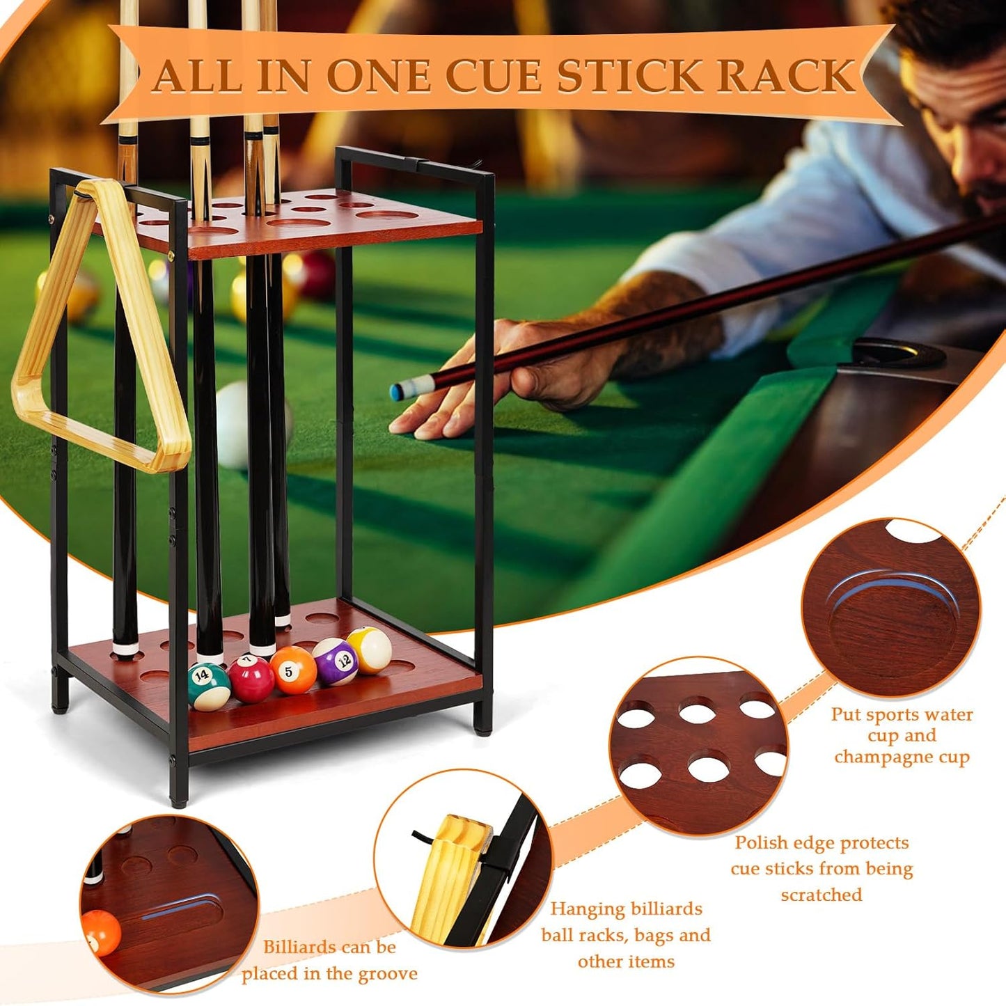 Pool Stick Holder Floor Stand - Multifunctional Billiard Cue Rack Hold 10 Pool Cue, Billiard Balls, Cup, Wood Cue Stick Holder Stand Pool Table Accessories for Game Room Billiard Room Decor Club (Red)