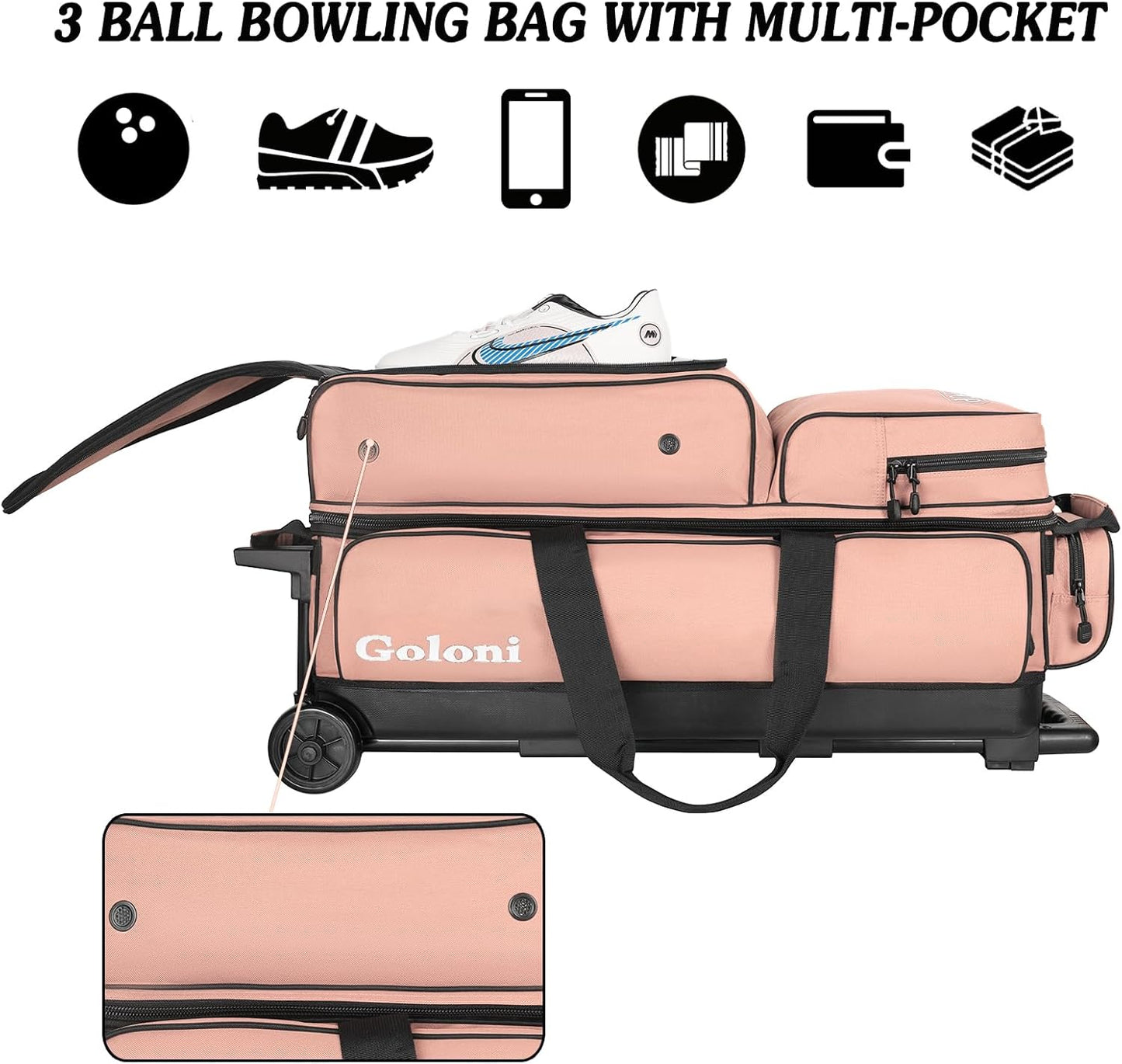Goloni 3 Ball Bowling Bags with Wheels - Rolling Bowling Bag for 3 Balls & Accessories - Retractable Handle Extends to 38