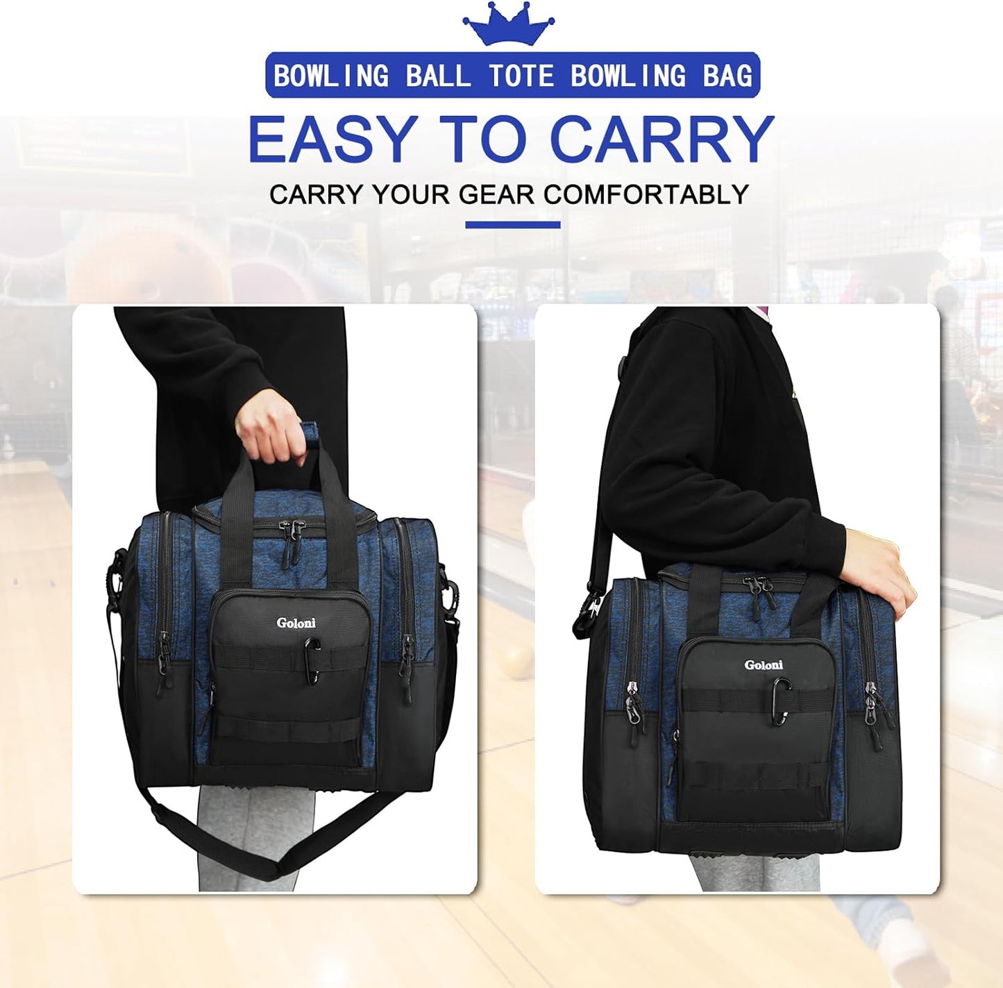 Goloni Bowling Ball Bag for Singer Ball with Padded Ball Holder, 2 Pockets fit Bowling Shoes Up to Mens Size 14 and Accessories