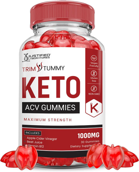 Justified Laboratories Trim Tummy Keto ACV Gummies Advanced Formula 1000MG Trim Tummy Keto Gummies Apple Cider Vinegar Formulated with Pomegranate Beet Juice Powder B12 Vegan Non GMO 60 Gummys