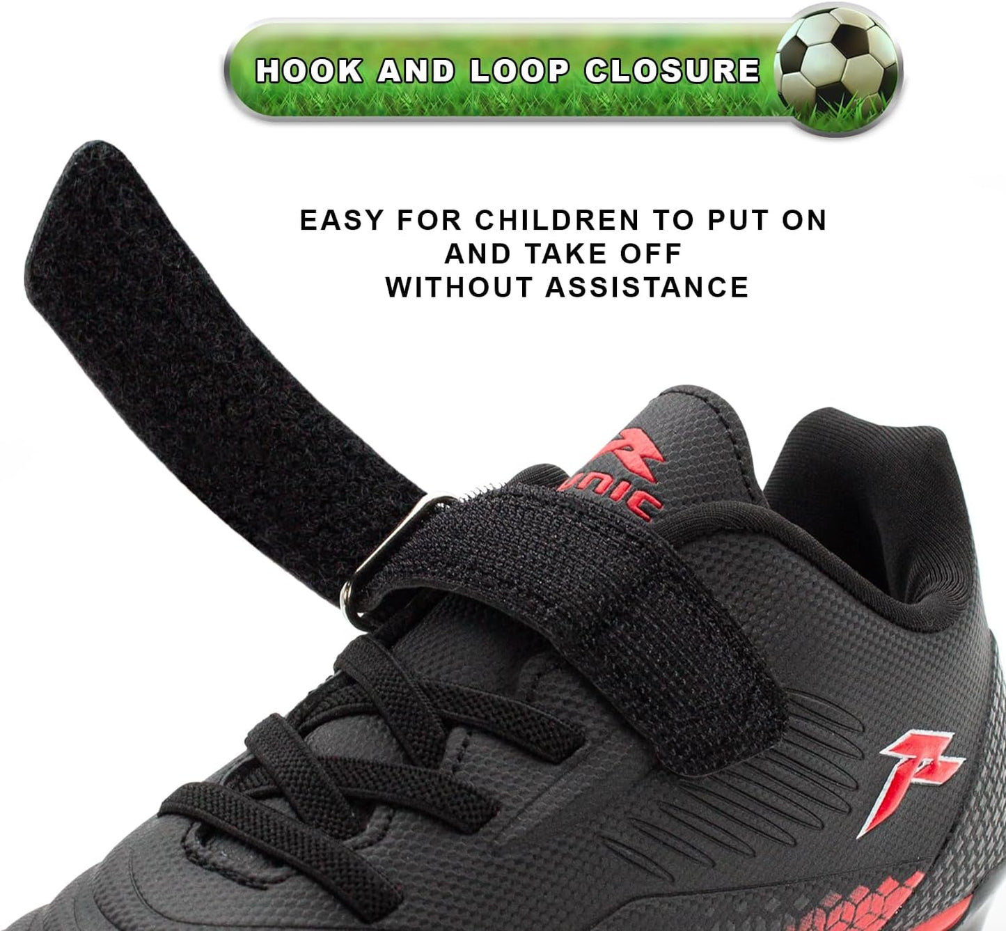 RUNIC Kids Soccer Cleats for Boys and Girls - Small and Big Kid Athletic Outdoor Football Shoes - Firm Ground - Hook and Loop Closure - Black/Gold