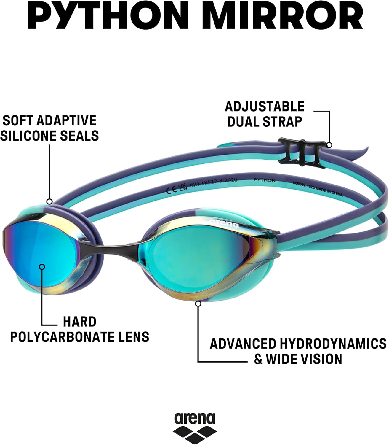 ARENA Unisex Python Racing Swim Goggles for Men and Women Anti-Fog No Leak Max Comfort Dual Strap, Mirror/Non-Mirror Lens