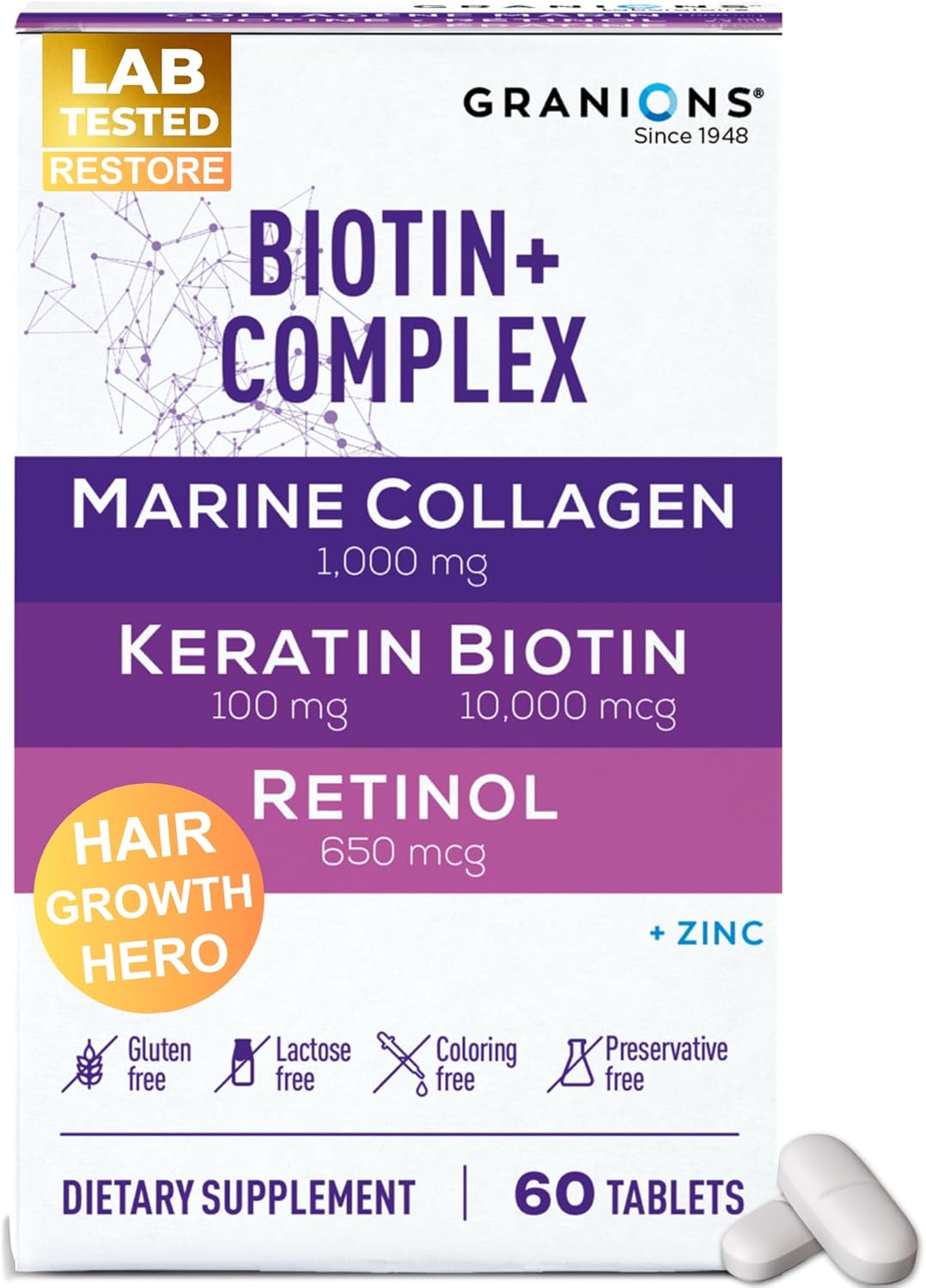 Biotin Collagen Keratin Supplement Hair Growth Tablets – Biotin 10000mcg, Marine Collagen Peptides, Keratin, Retinol, Zinc, Vitamin B6 - Hair, Skin and Nails Complex for Women and Men – 60 Tablets