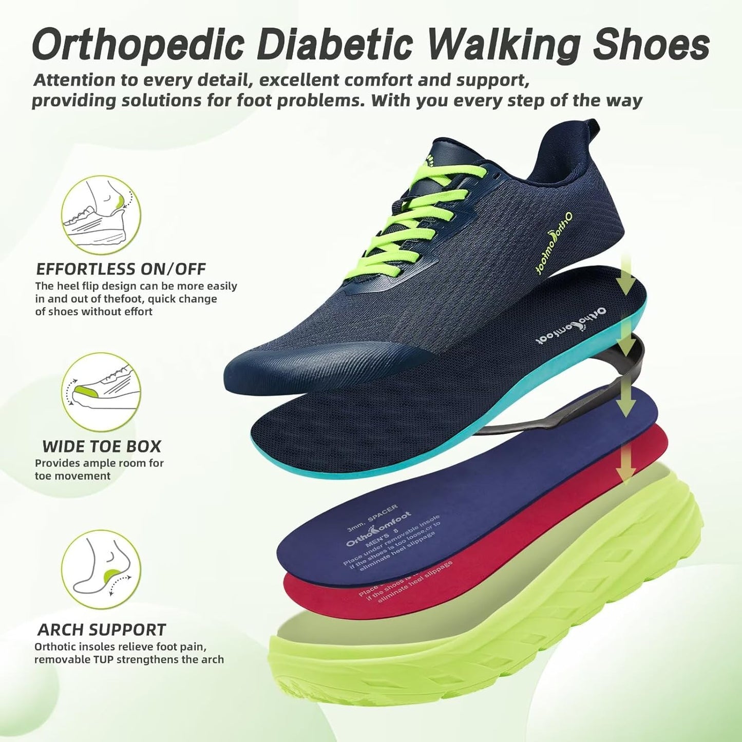 OrthoComfoot Orthopedic Diabetic Men's Wide Shoes: Comfortable Arch Support Running Sneakers, Plantar Fasciitis Wide Toe Box Work Tennis Outdoor Walking Shoes for Swollen Feet, Heel Pain