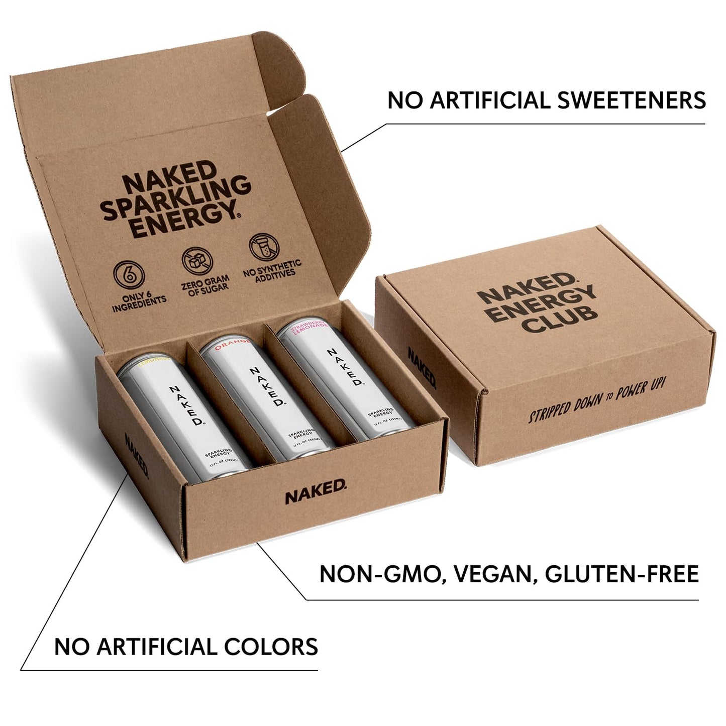 Naked Sparkling Energy - Sample Box - Three Flavors - Lemonade, Orange, and Strawberry Lemonade