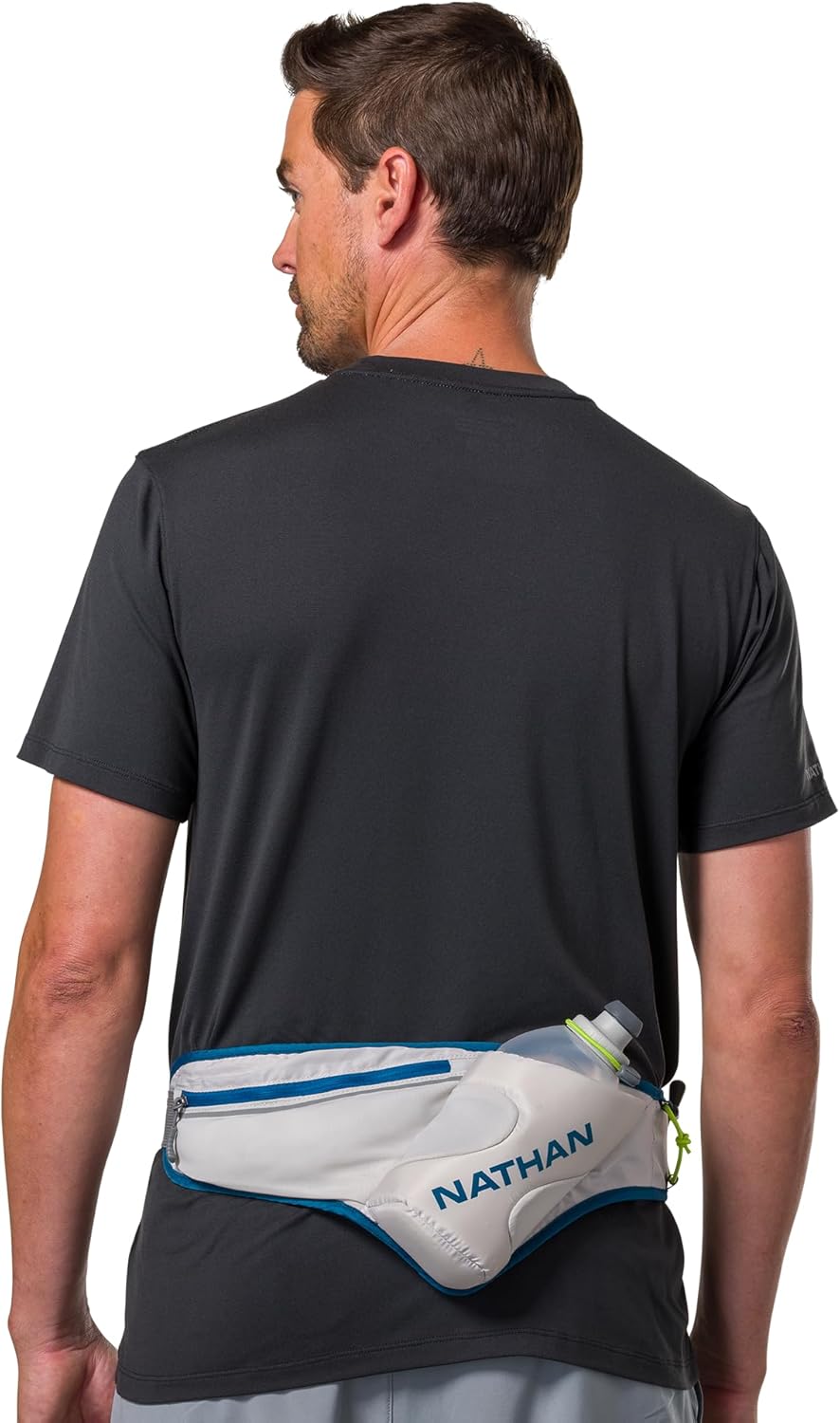 Nathan Peak Running Hydration Waist Pack Belt w/ Speed Draw Flask Water Bottle, 18oz/535 ml Push/Pull Race Cap, Expandable Zippered Stretch Pocket