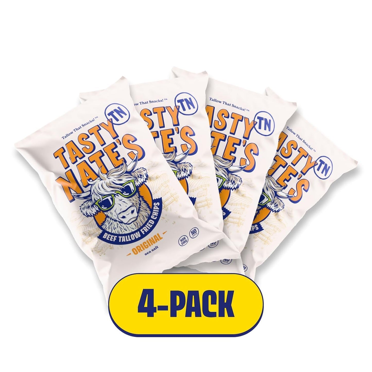 Tasty Nate’s Beef Tallow Potato Chips - Original Sea Salt, Fried in 100% Beef Tallow - Seed Oil Free Chips, Paleo Snacks for Adults, 7oz Bag - Pack of 4