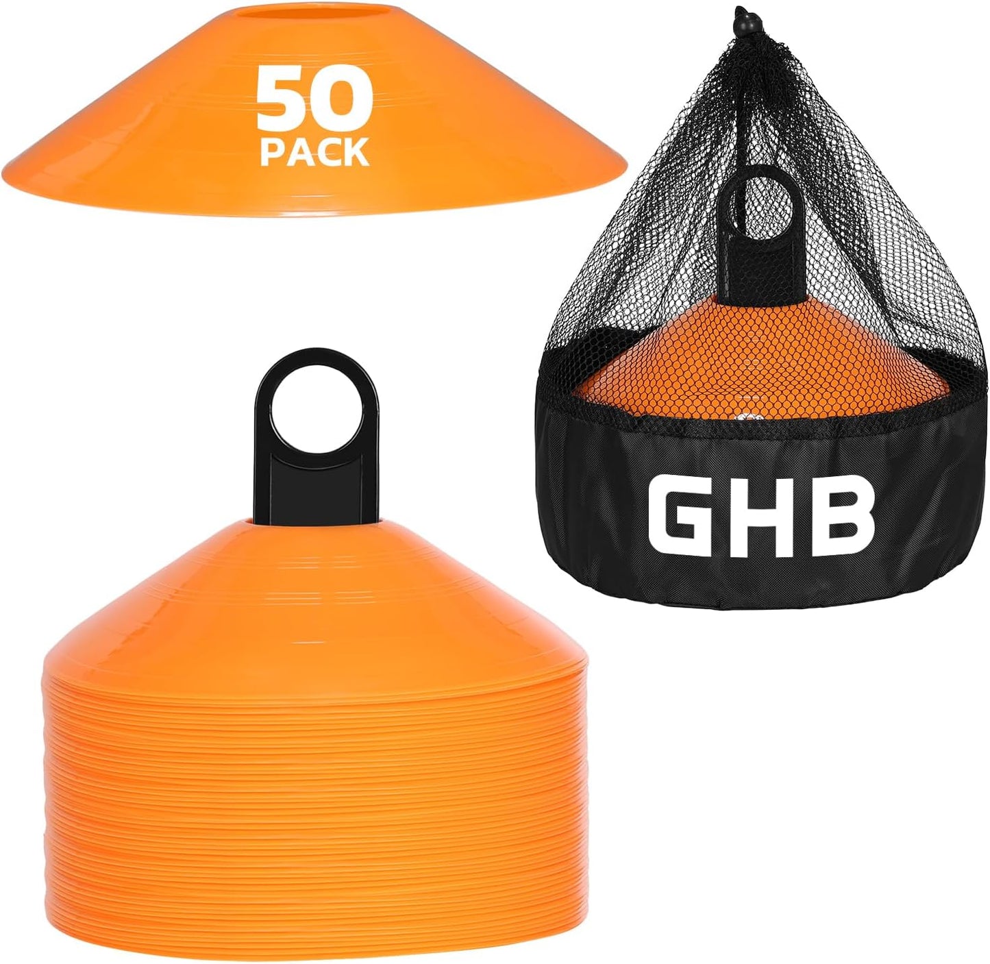 GHB Soccer Cones 25/50/100 Pack Disc Soccer Sport Cones Training Field Marker Agility Cones for Traffic, Basketball, Coaching, Practice Equipment Includes Cone Drills Guide