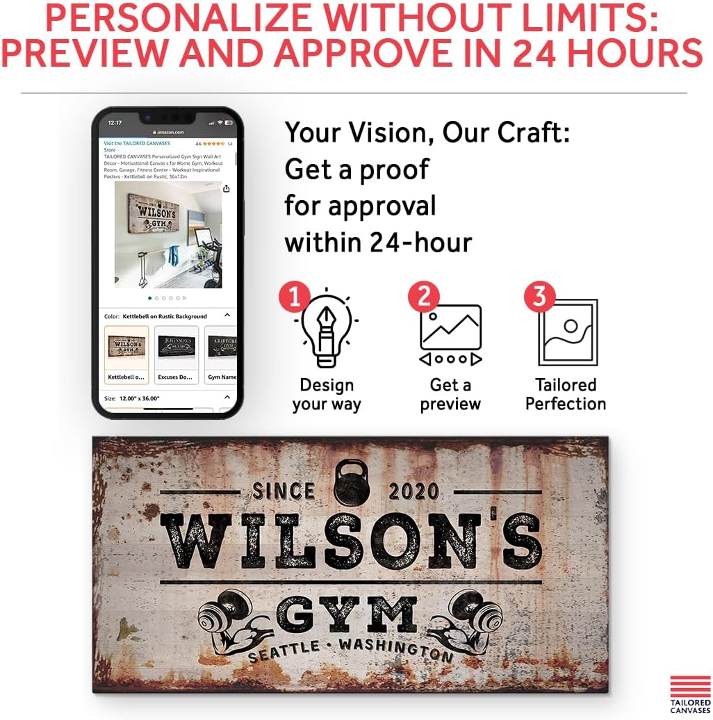 TAILORED CANVASES Personalized Gym Sign Wall Art Decor - Motivational Canvas s for Home Gym, Workout Room, Garage, Fitness Center - Workout Inspirational Posters - Kettlebell on Rustic, 60x30in