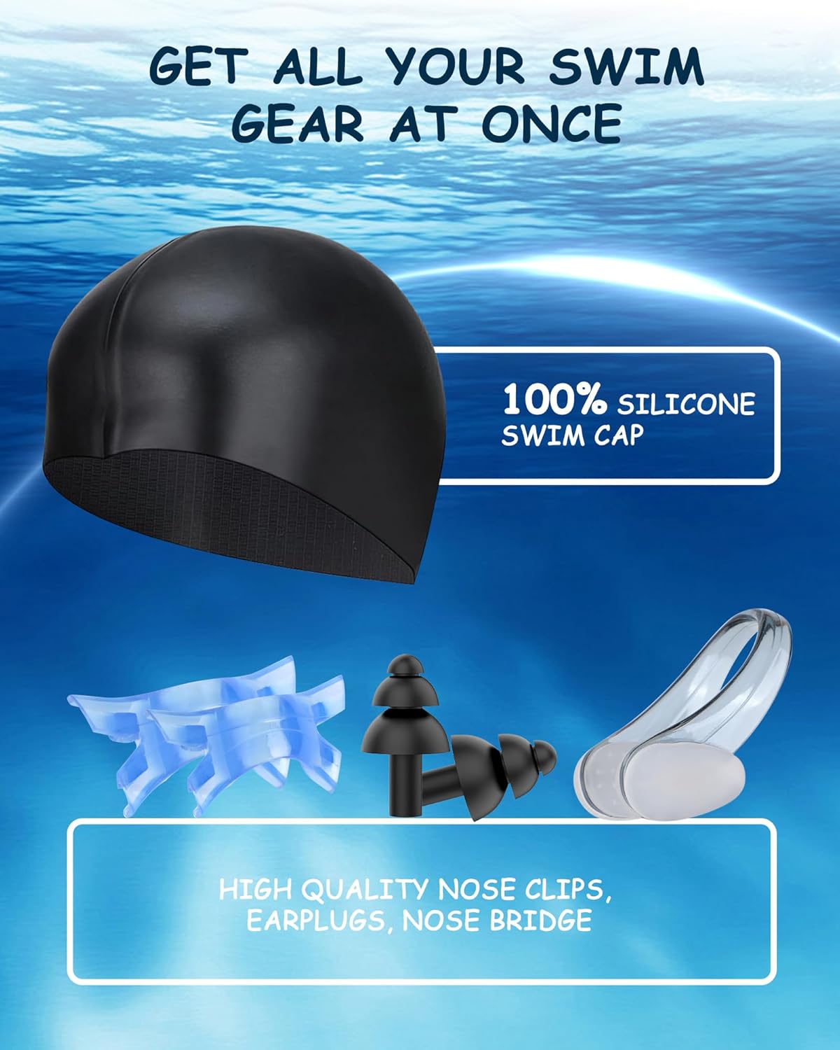 Kids Swim Goggles, Swimming Goggles for Kids Toddlers 3-14 with Swim Cap, Nose Clip, Nose Bridge, Ear Plugs