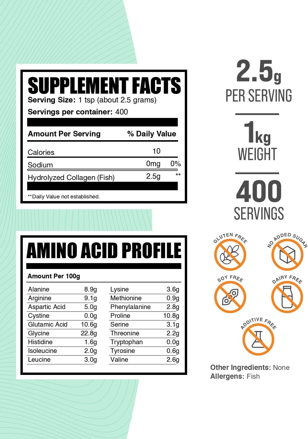 BulkSupplements.com Marine Collagen Powder - Marine Collagen Peptides Supplement, for Hair, Skin, & Nails - Hydyrolyzed & Gluten Free, 2.5g per Serving, 1kg (2.2 lbs) (Pack of 1)