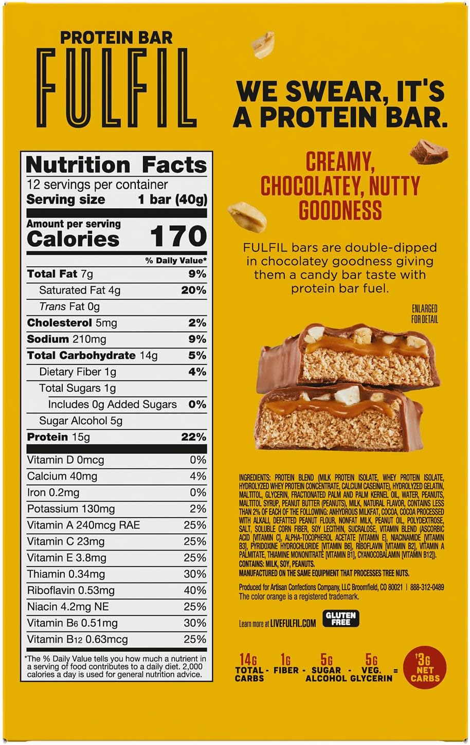 FULFIL Chocolate Peanut Butter Flavored Protein Bar Made with REESE's Peanut Butter, Gluten Free with 15g Protein, Pantry Staples, 12 Count