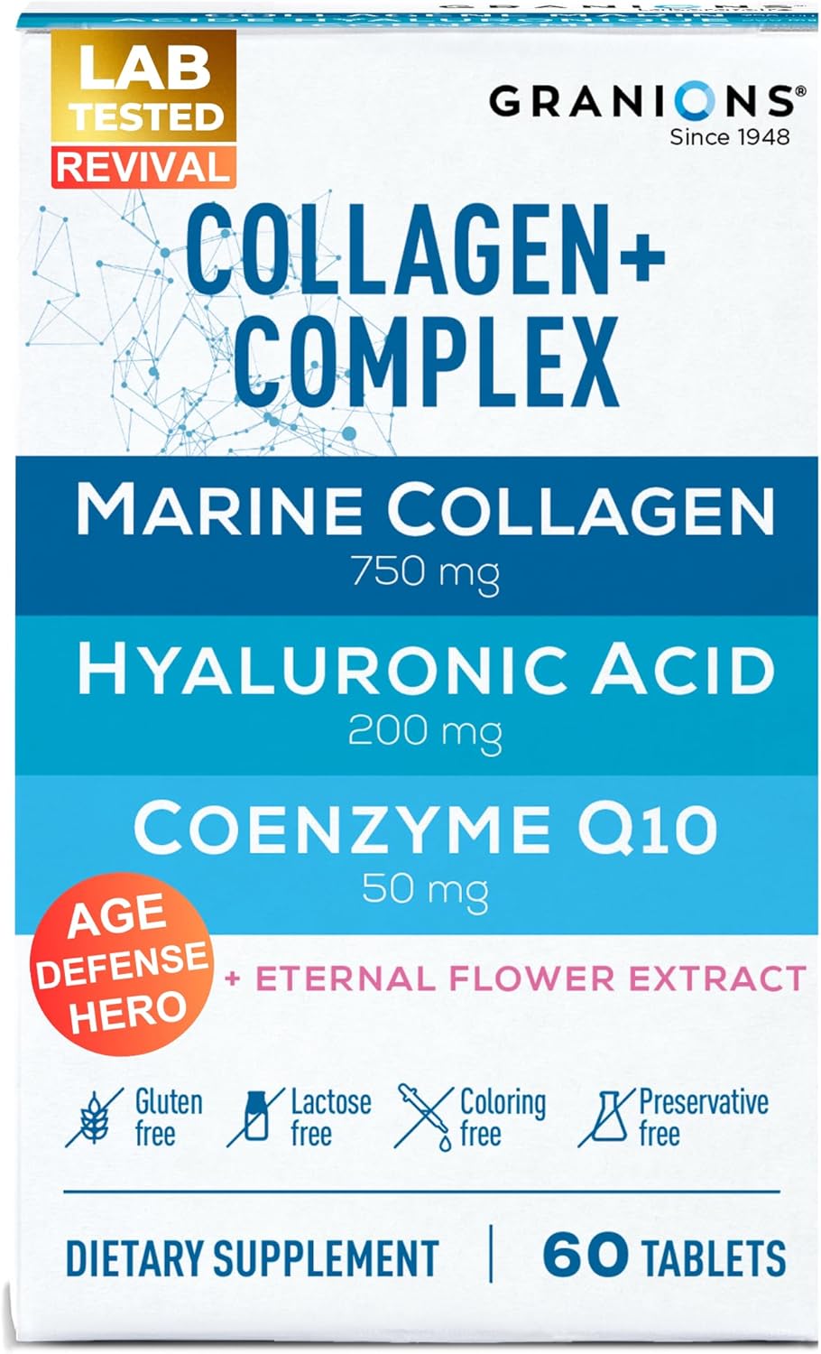 Marine Collagen Pills Complex – 200mg Hyaluronic Acid Supplement, Coenzyme Q10 CoQ10, Hydrolyzed Marine Collagen Peptides, Eternal Flower Hydration, Age Defense Supplements - 60 Sealed Tablets