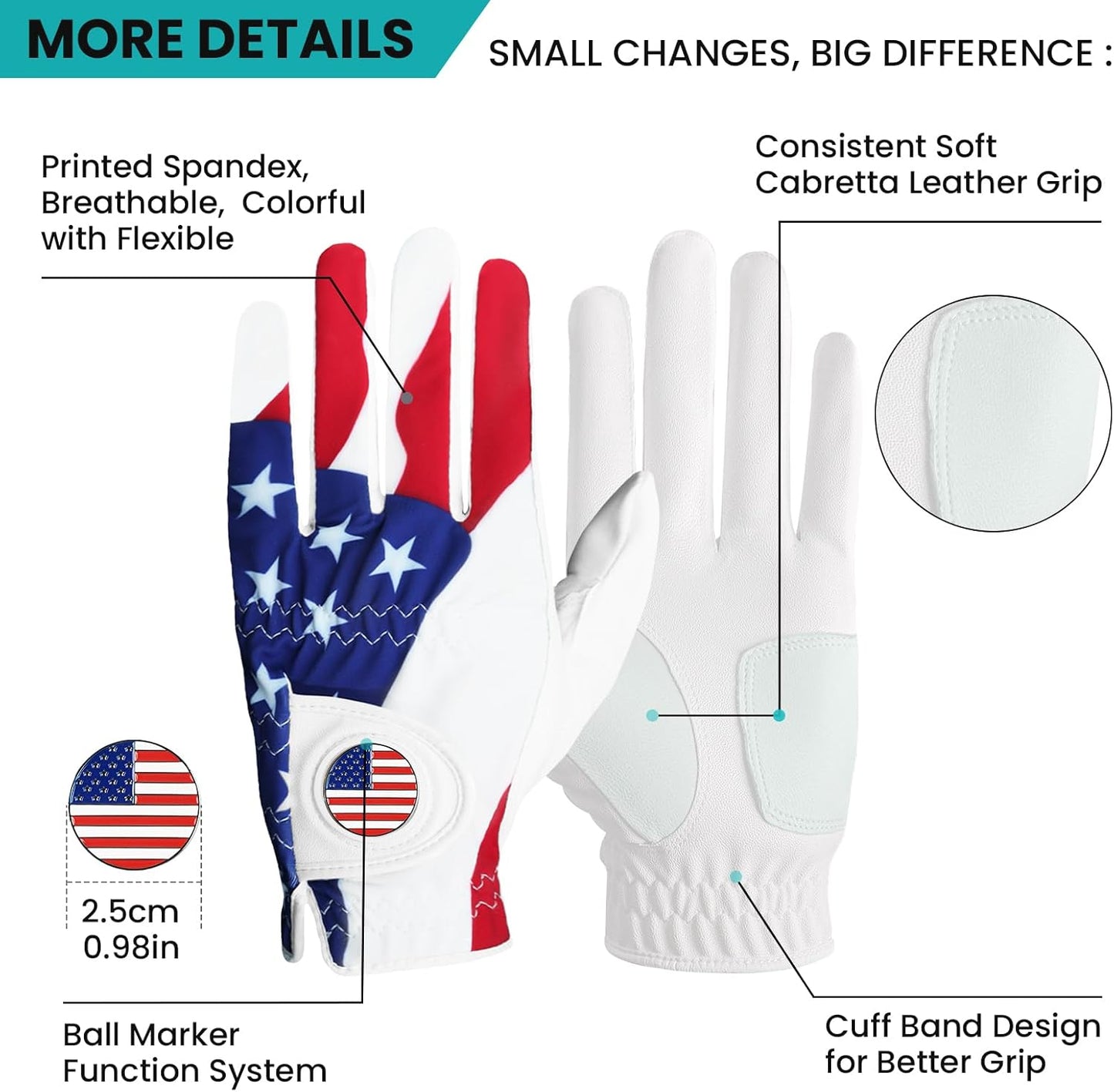 FINGER TEN Golf Gloves Men Left Hand Right with Ball Marker USA Flag Blue Camo Plaid Pack, Mens Leather Golf Glove All Weather Grip Small Medium ML Large XL