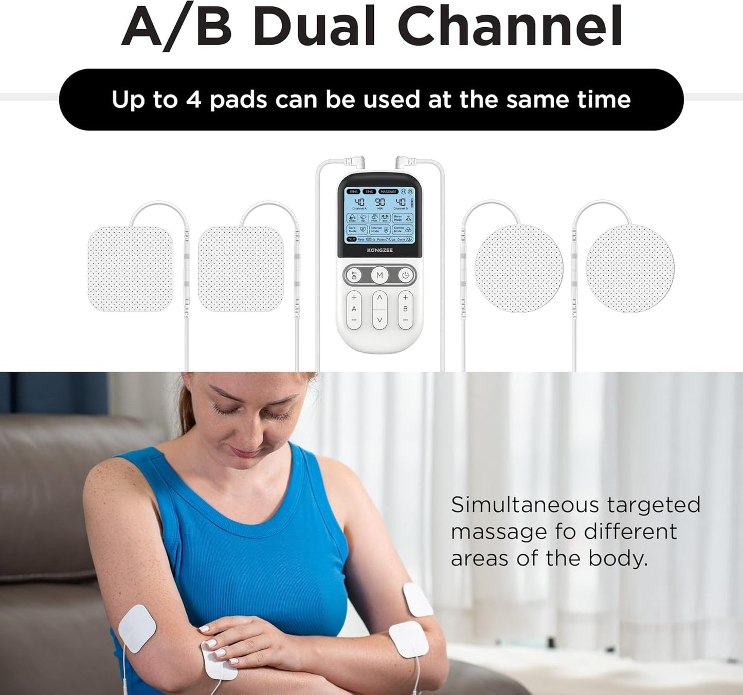 4 in 1 - D.I.Y & Tens Unit & EMS & Massage Muscle Stimulator, Dual Channel TENS Units Therapy Machine for Pain Relief, FDA Cleared Rechargeable Electronic Pulse Massager, with 12pcs Electrode Pads.