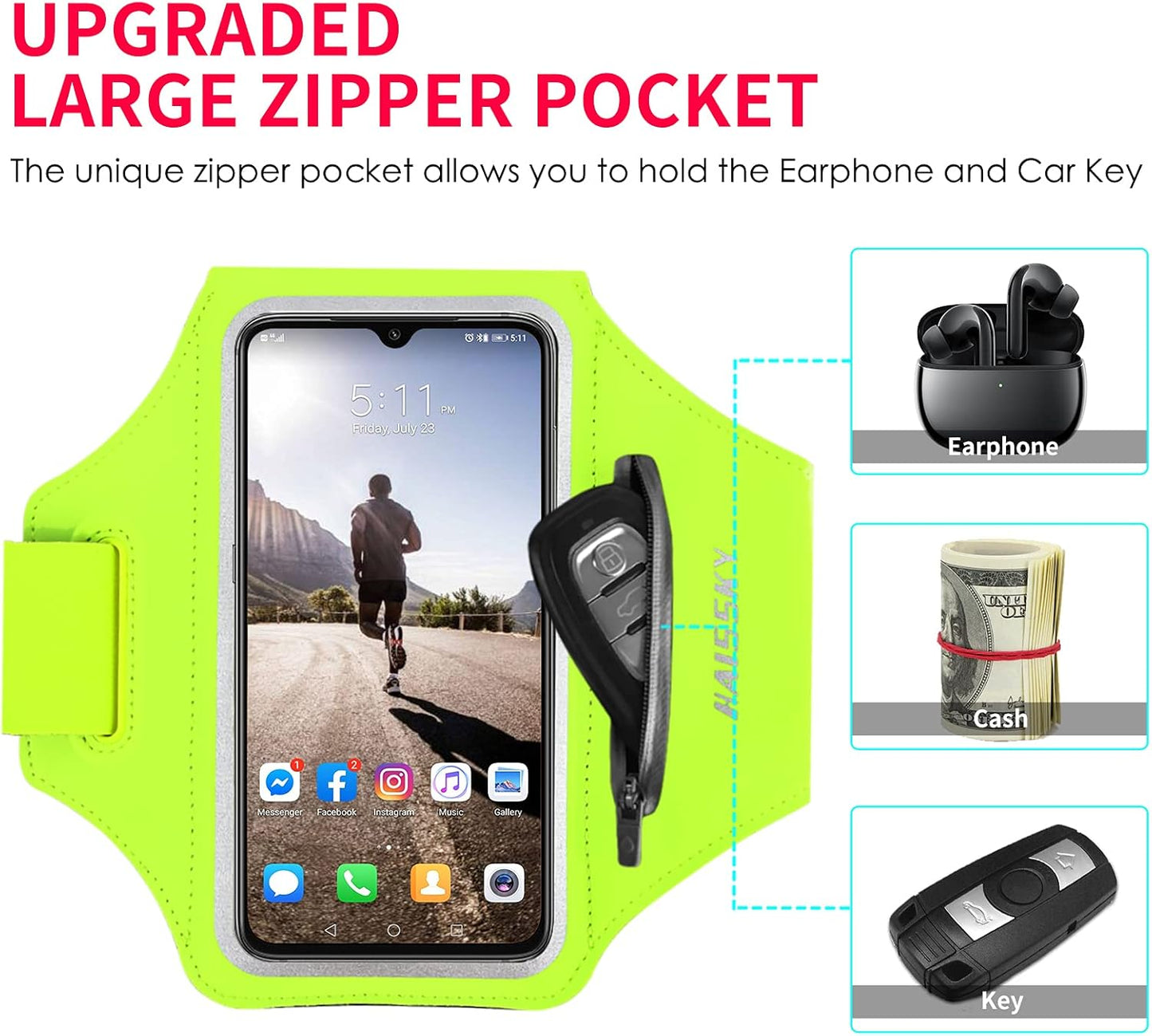 Running Armband with Earphone Bag Cell Phone Armband for iPhone 16 15 Pro 14 Plus 13 11 XR XS, Galaxy S24/S10 Water Resistant Sports Phone Holder Case & Zipper Slot Car Key Holder for 6.7 inch Phone