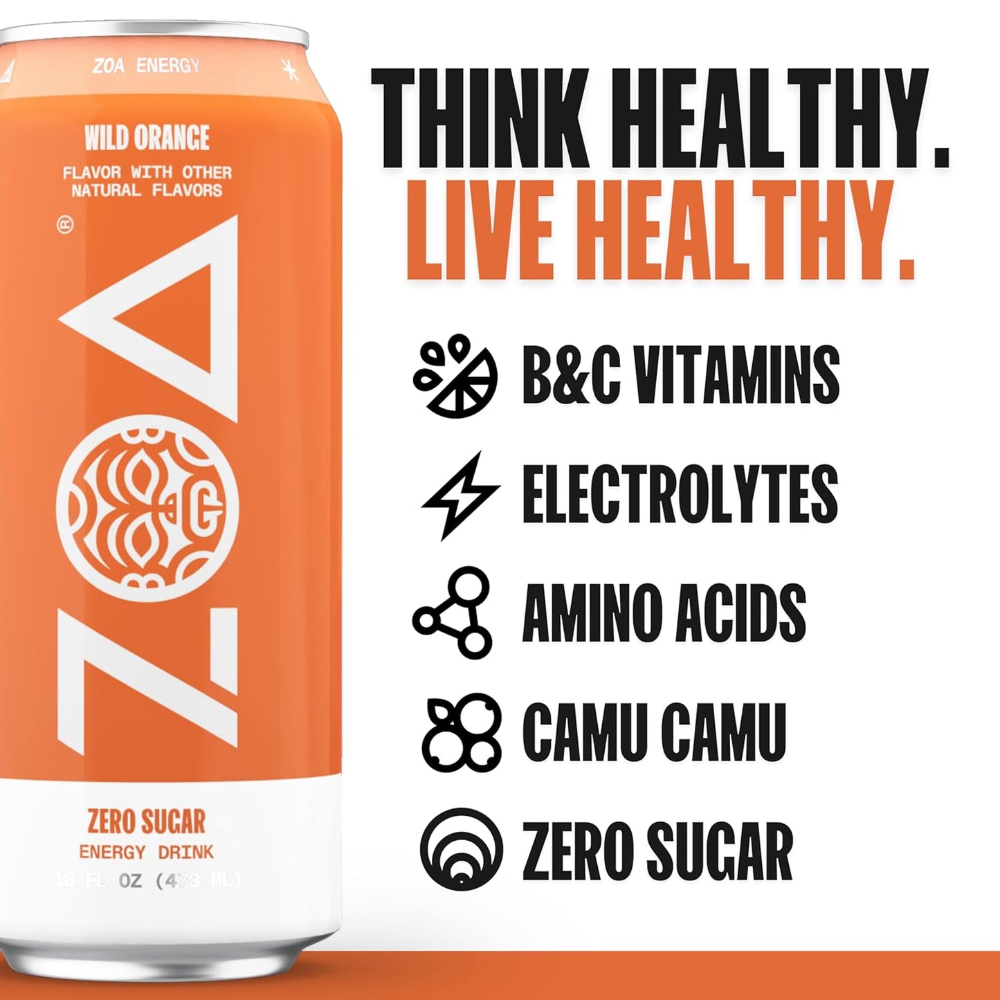 ZOA Zero Sugar Energy Drinks, Wild Orange - Sugar Free with Electrolytes, Healthy Vitamin C, Amino Acids, Essential B-Vitamins, and Caffeine from Green Tea - 16 Fl Oz (12-Pack)