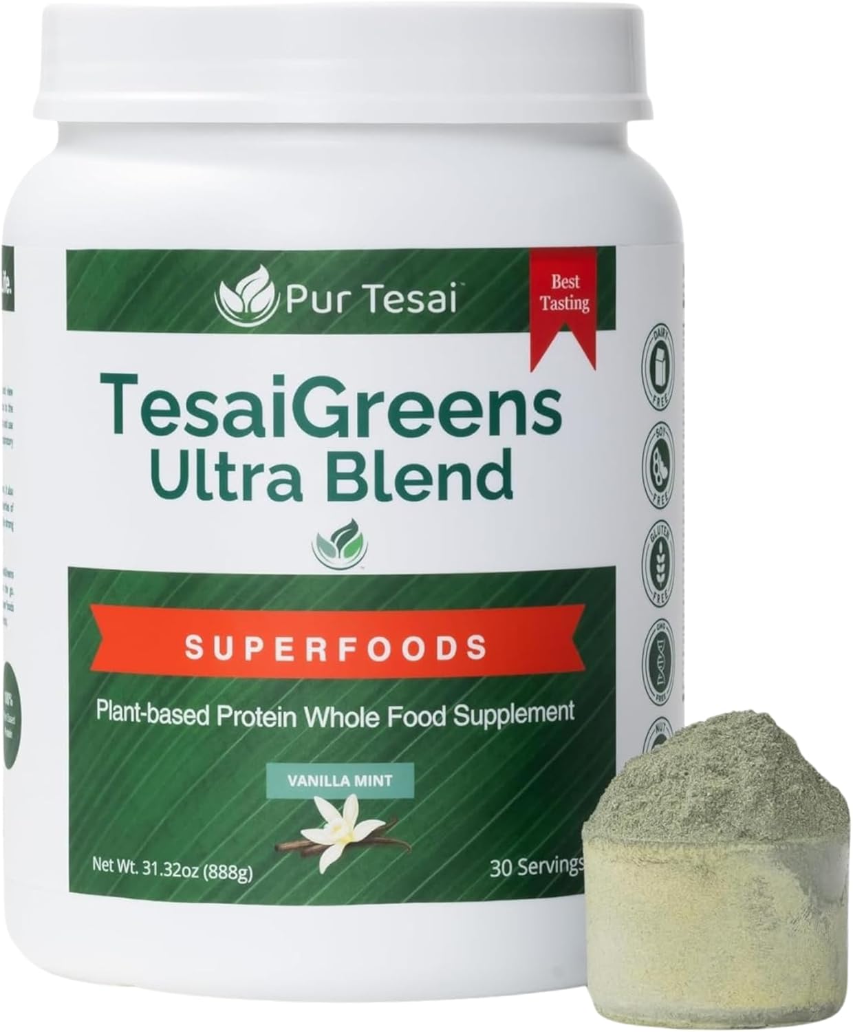 TesaiGreens Ultra Blend Superfood Nutritional Powder, Plant-based, 16g Protein, 7 Billion Probiotics, Vitamins, Mushrooms & Adaptogen, Energy, Immunity & Gut Health Support, Meal Replacement