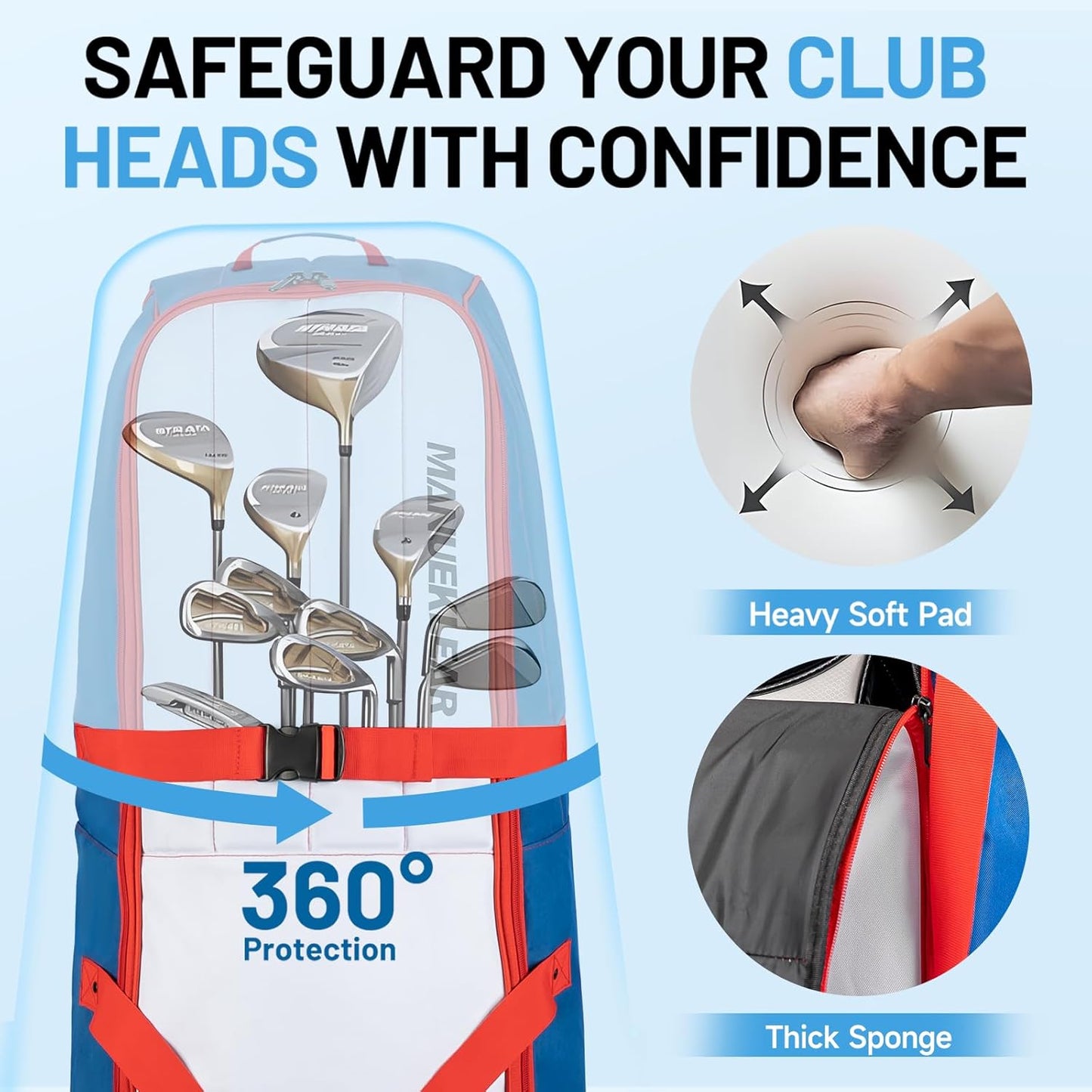 MANUEKLEAR 1680D Nylon Travel Golf Bags Club for Airlines with Wheels, Golf Travel Bags for Airlines with Padded Top, Golf Travel Case Cover with 3 Large Pocket for Golfer