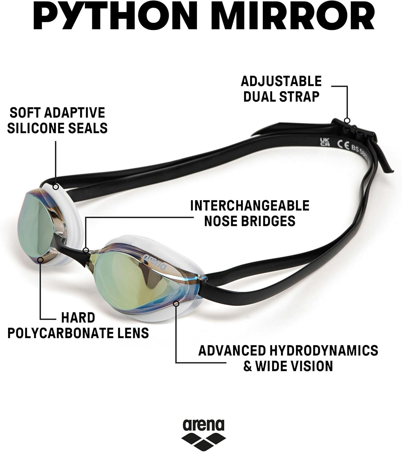 ARENA Unisex Python Racing Swim Goggles for Men and Women Anti-Fog No Leak Max Comfort Dual Strap, Mirror/Non-Mirror Lens