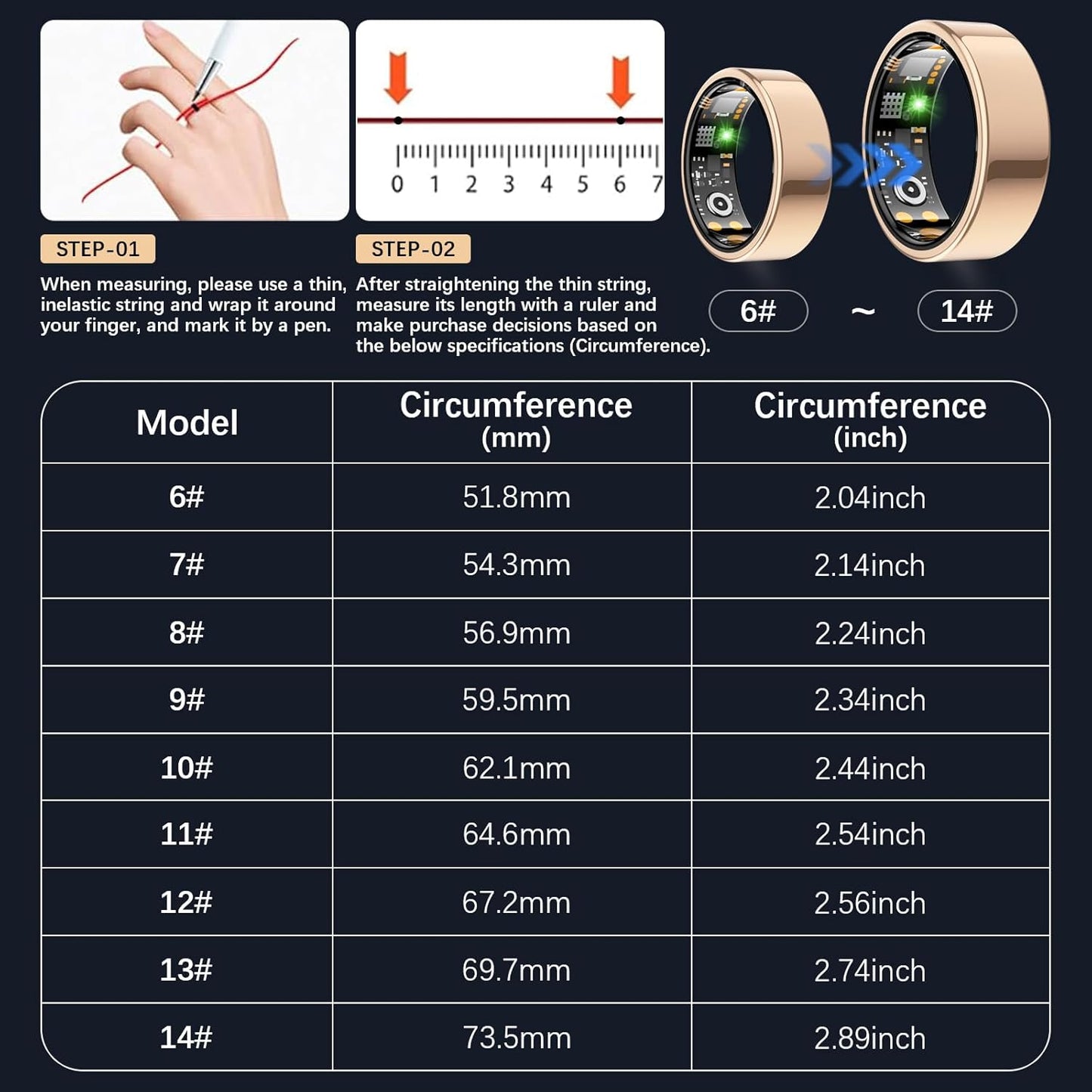 Ring Health Tracker for Women Men, Fit Ring with Heart Rate, Blood Oxygen, Sleep Monitor, Calories, Step Counter, IP68 Waterproof Smart Ring for iPhone & Android, No Subscription Fee (Rose Gold, 7#)