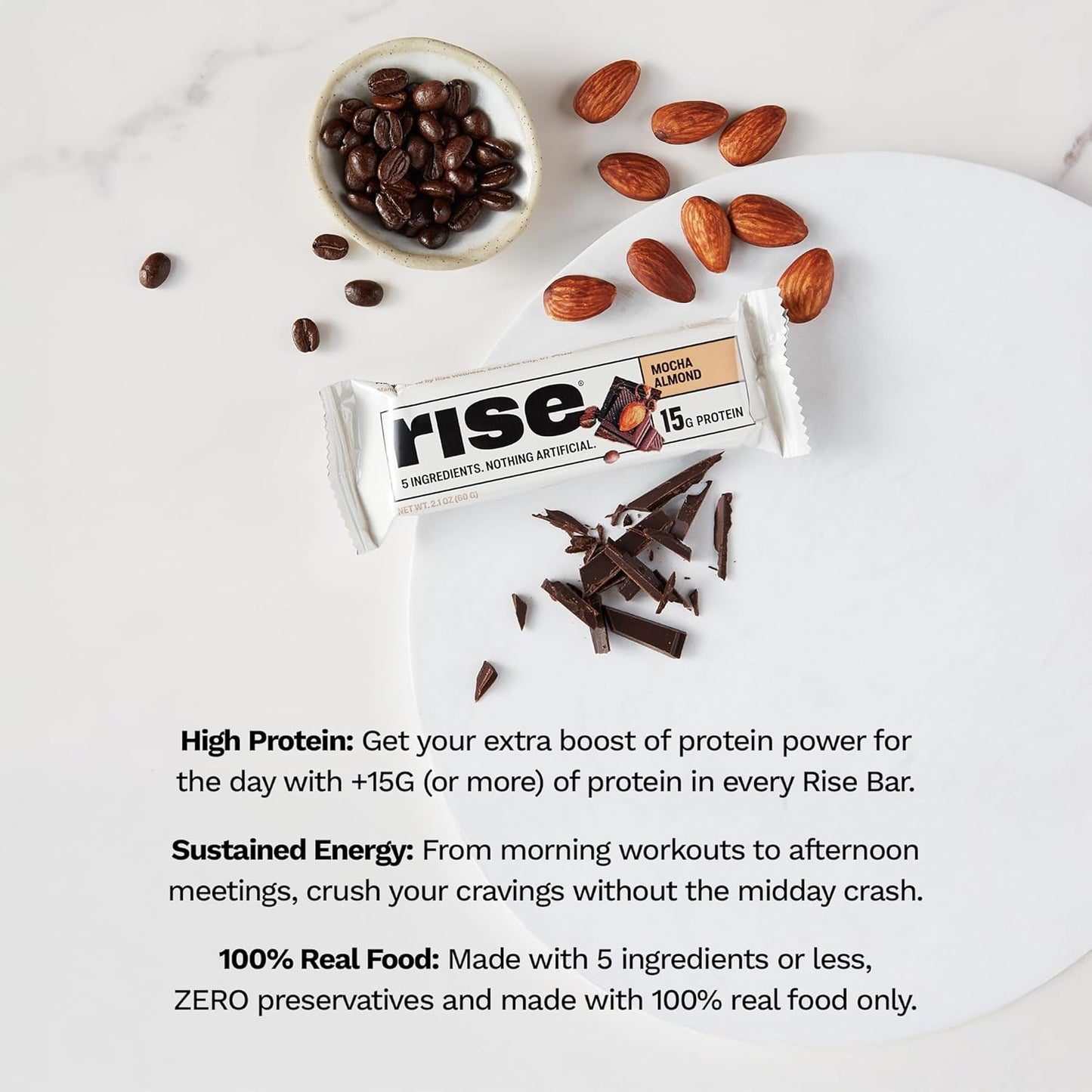 Rise Whey Protein Bars - Mocha Almond | Breakfast Bar & Protein Snack 15g Protein 4g Fiber Just 5 Whole Food Ingredients Gluten-Free Soy Free