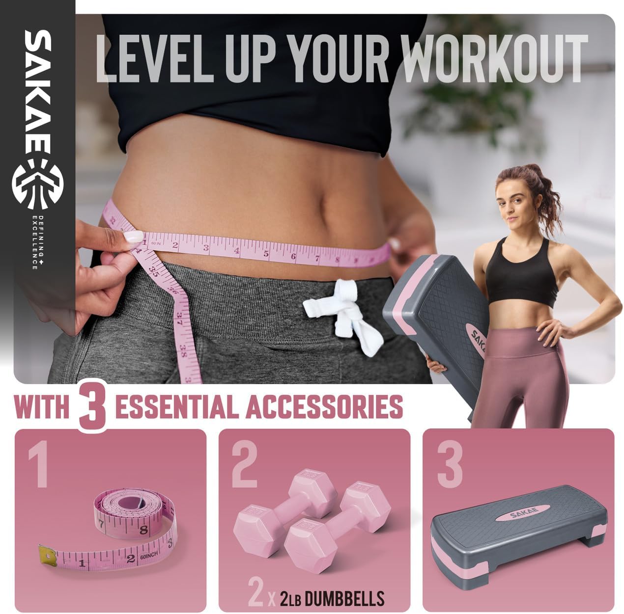 Adjustable Height Aerobic Stepper Set, Multiple Bundle Options with Dumbbells, Kettlebell, Waist Trimmer, Ankle Weights or Weighted Vest, Workout Exercise Step Platform w/Level Risers, 4 Colors