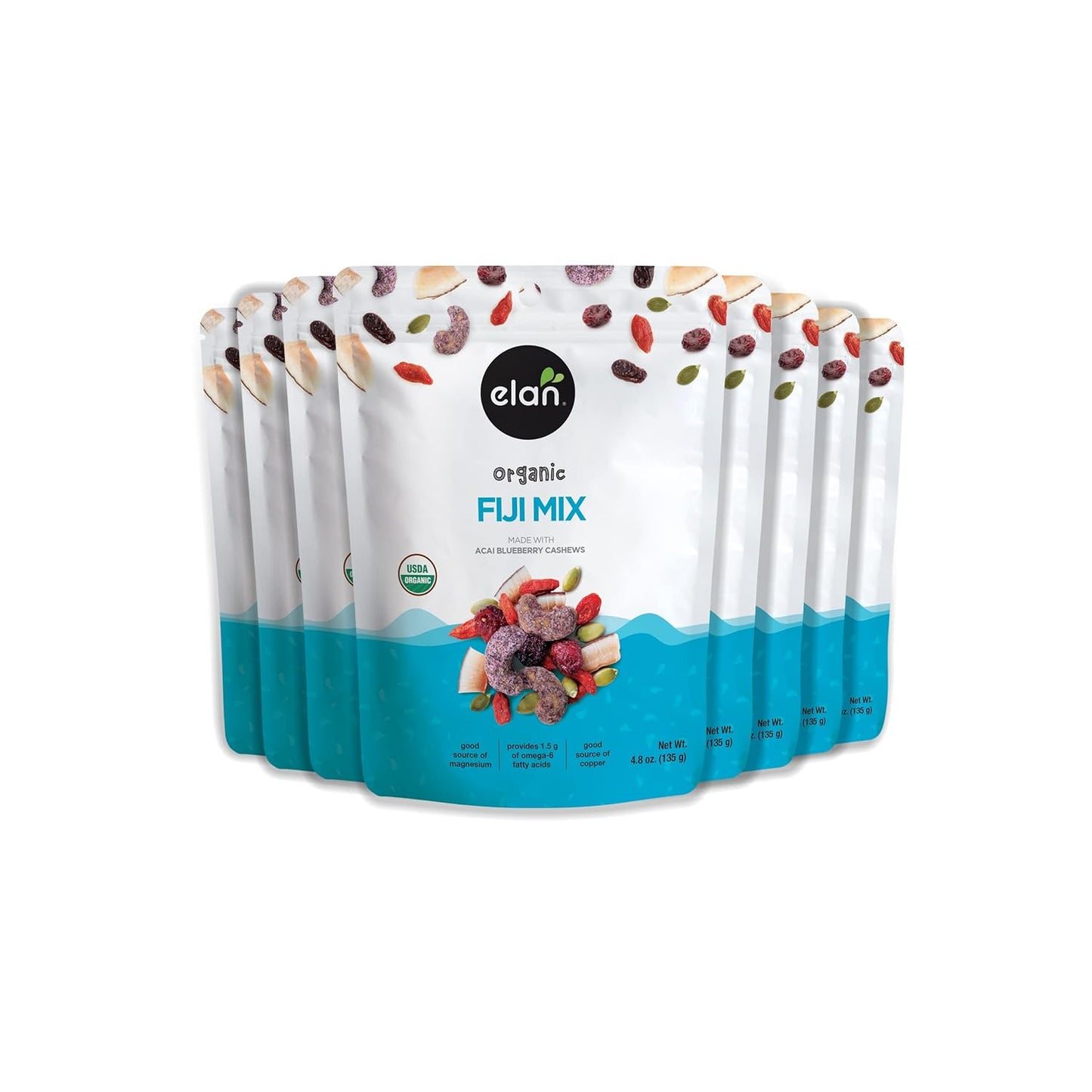 Elan Organic Fiji Mix, Non-GMO, Gluten-Free, Vegan, Kosher, Dried Fruits (Dried Goji Berries, Dried Cranberries), Superfood Infused Nuts (Blueberry Acai Cashews), Pumpkin Seeds, 8 pack of 4.8 oz
