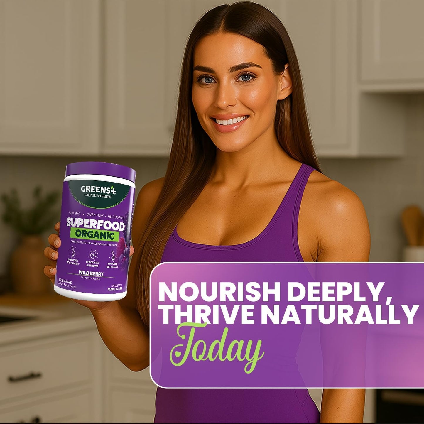 Greens+ Organic Wild Berry Superfood Powder, Antioxidant Polyphenol, Blend for Morning Kick, Energy, Vitality Boost, Nutrition, Vibrant Health, Dietary Supplement, Vegan Soy/Dairy/Gluten Free(8.46oz)