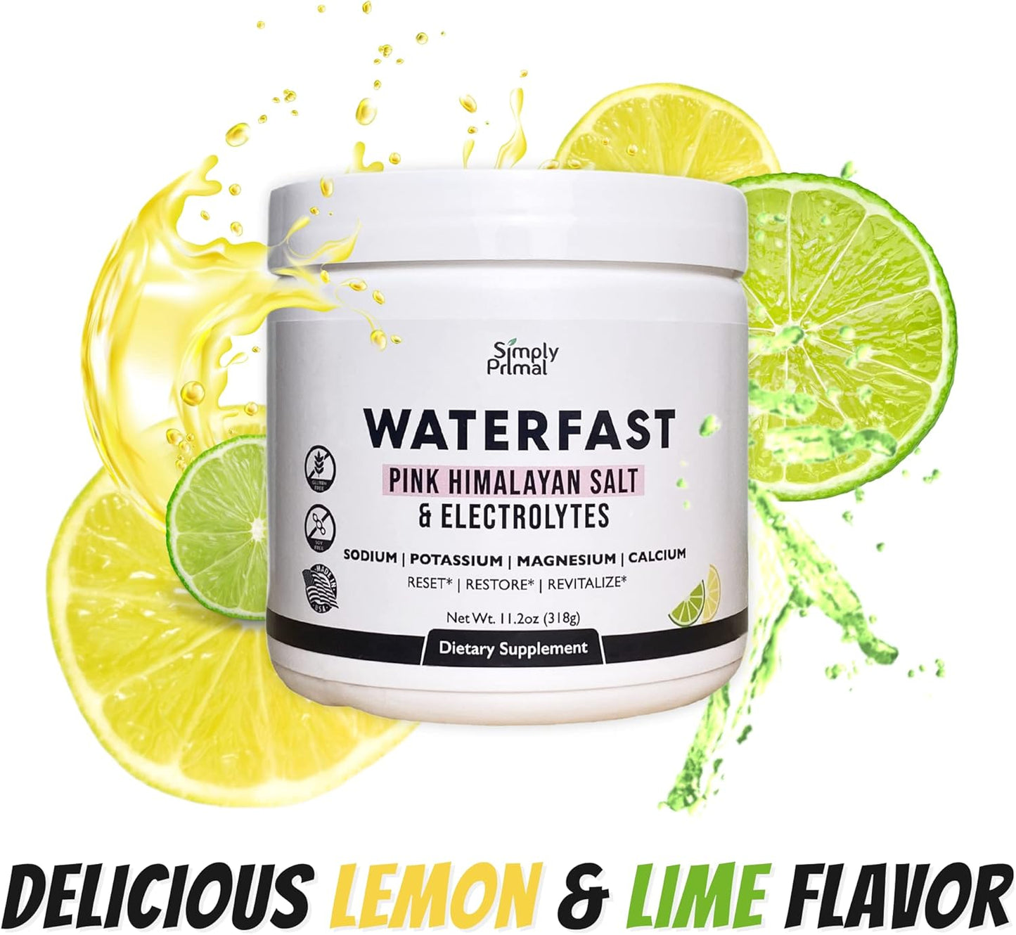 WATERFAST Keto Electrolyte Powder for Fasting and Hydration - Lemon Lime Flavor | Pink Himalayan Salt (Sodium), Potassium, Magnesium, Calcium | Sugar Free, Gluten Free, Soy Free
