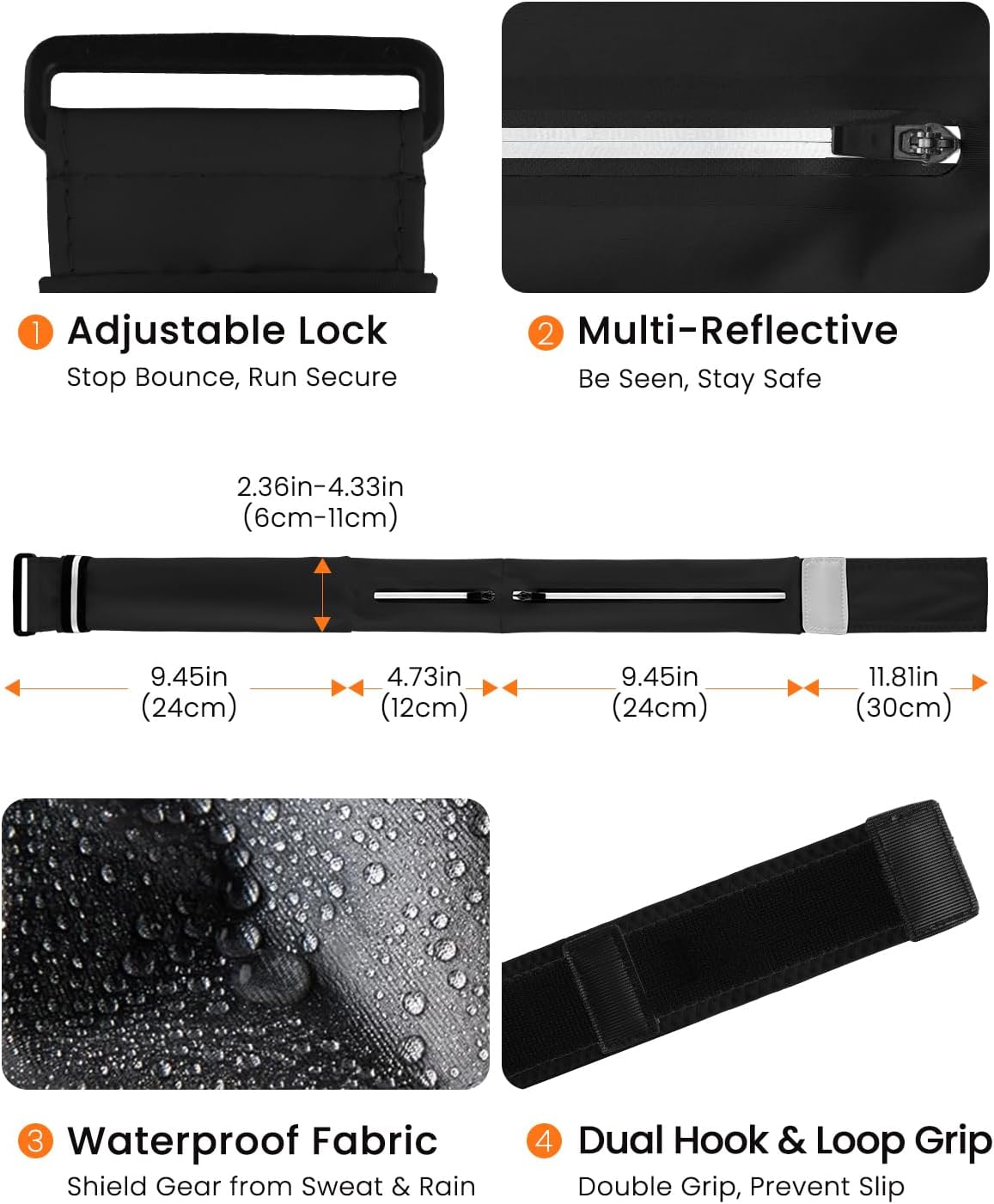 Running Belt for Women and Men, Adjustable Fanny Packs No Bounce Phone Holder for Running with Water Bottle & Headband, Waterproof Reflective Waist Packs for Runner Fits All Phones (M-Black)